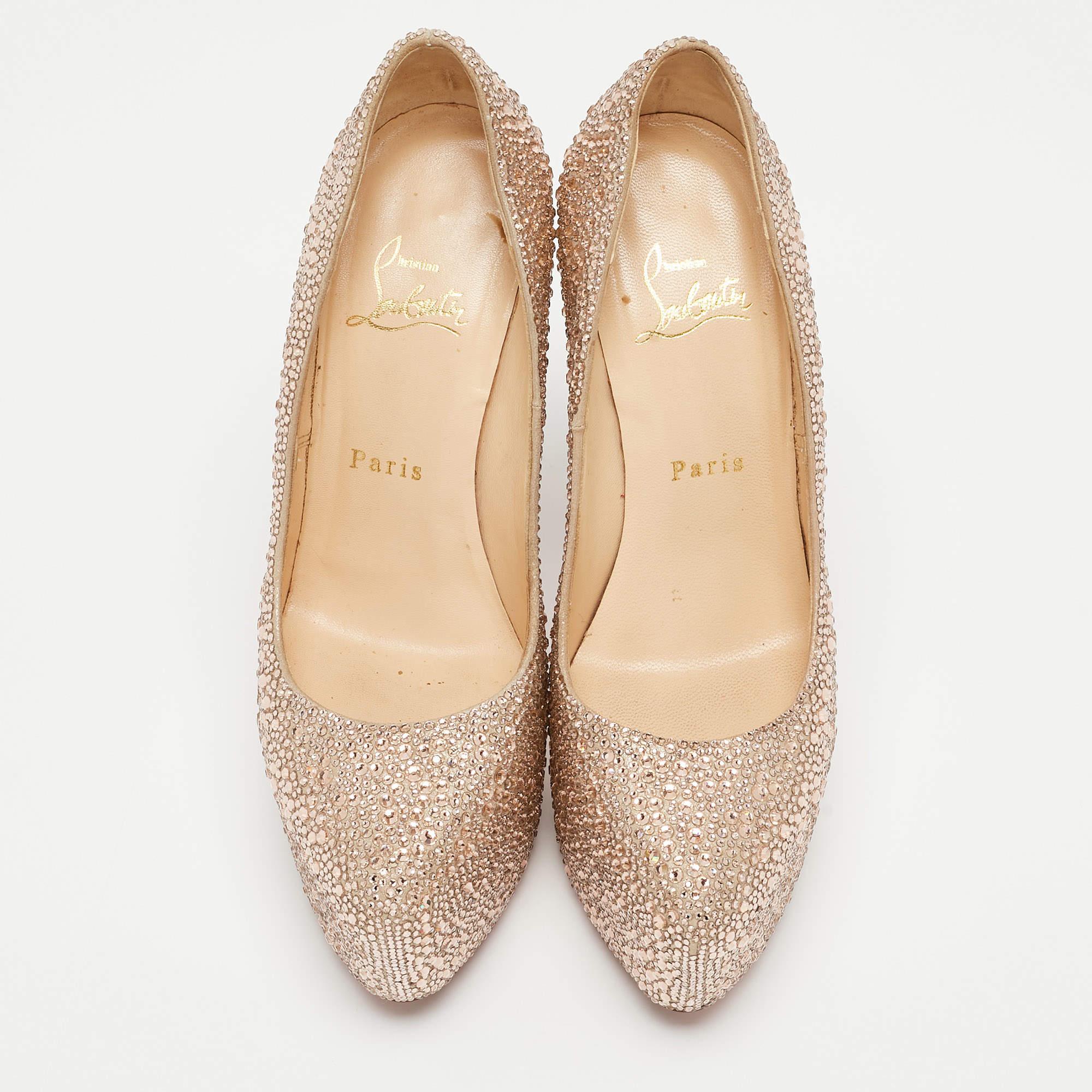 Women's Christian Louboutin Pink Crystal Embellished Suede Daffodile Pumps Size 37.5