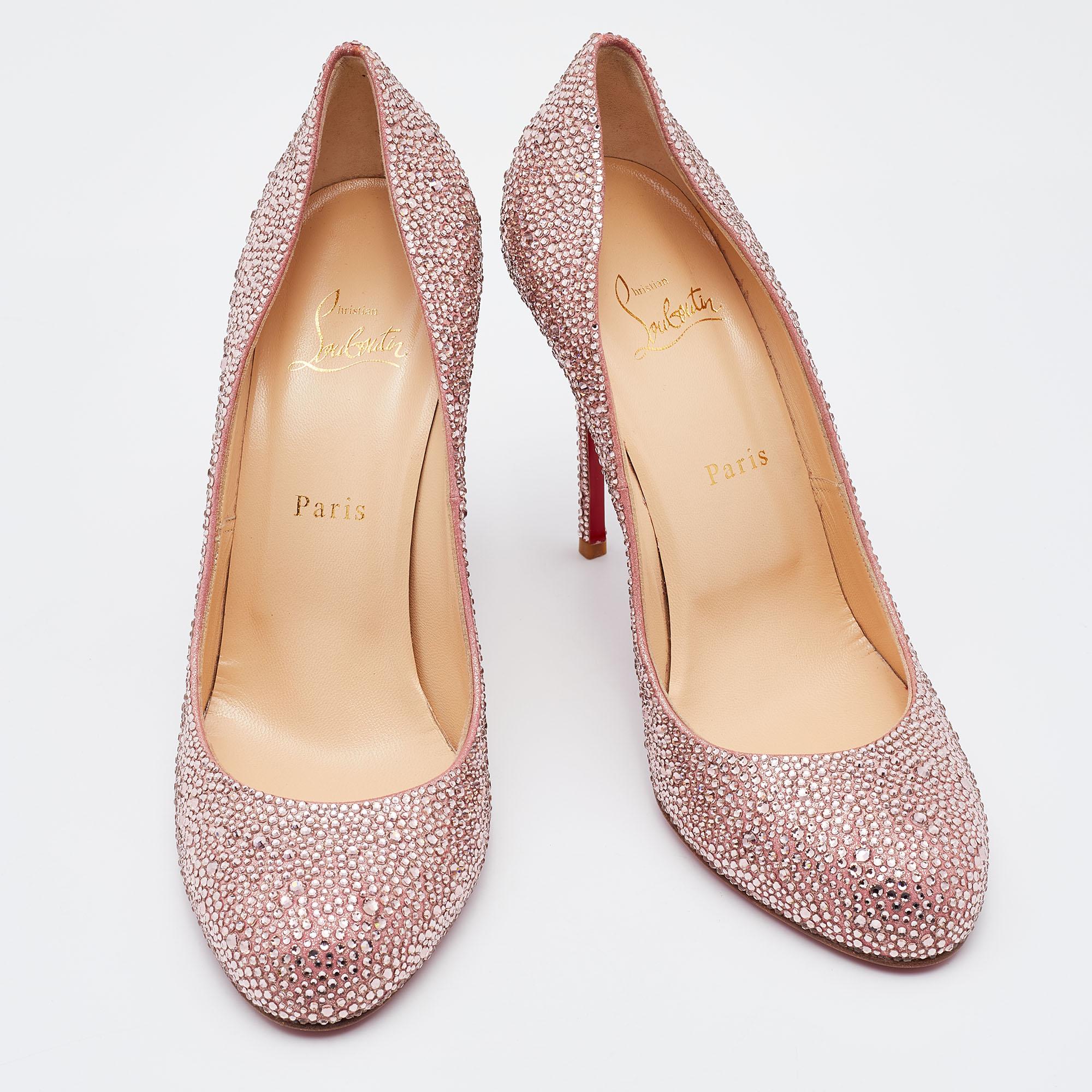 Christian Louboutin Pink Crystal Embellished Suede Fifi Strass Pumps Size 40.5 In New Condition In Dubai, Al Qouz 2
