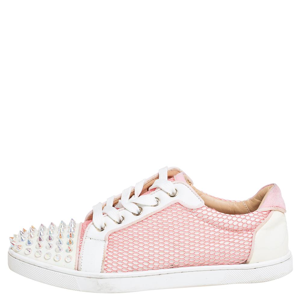 Beige Christian Louboutin Pink Fabric Spiked Louis Junior Sneakers Size 37