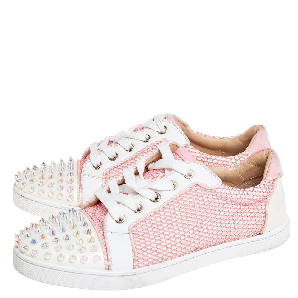 Women's Christian Louboutin Pink Fabric Spiked Louis Junior Sneakers Size 37