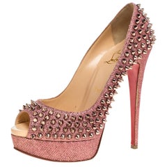 Christian Louboutin Pink Glitter Fabric Lady Peep Spike Platform Pumps Size 37.5