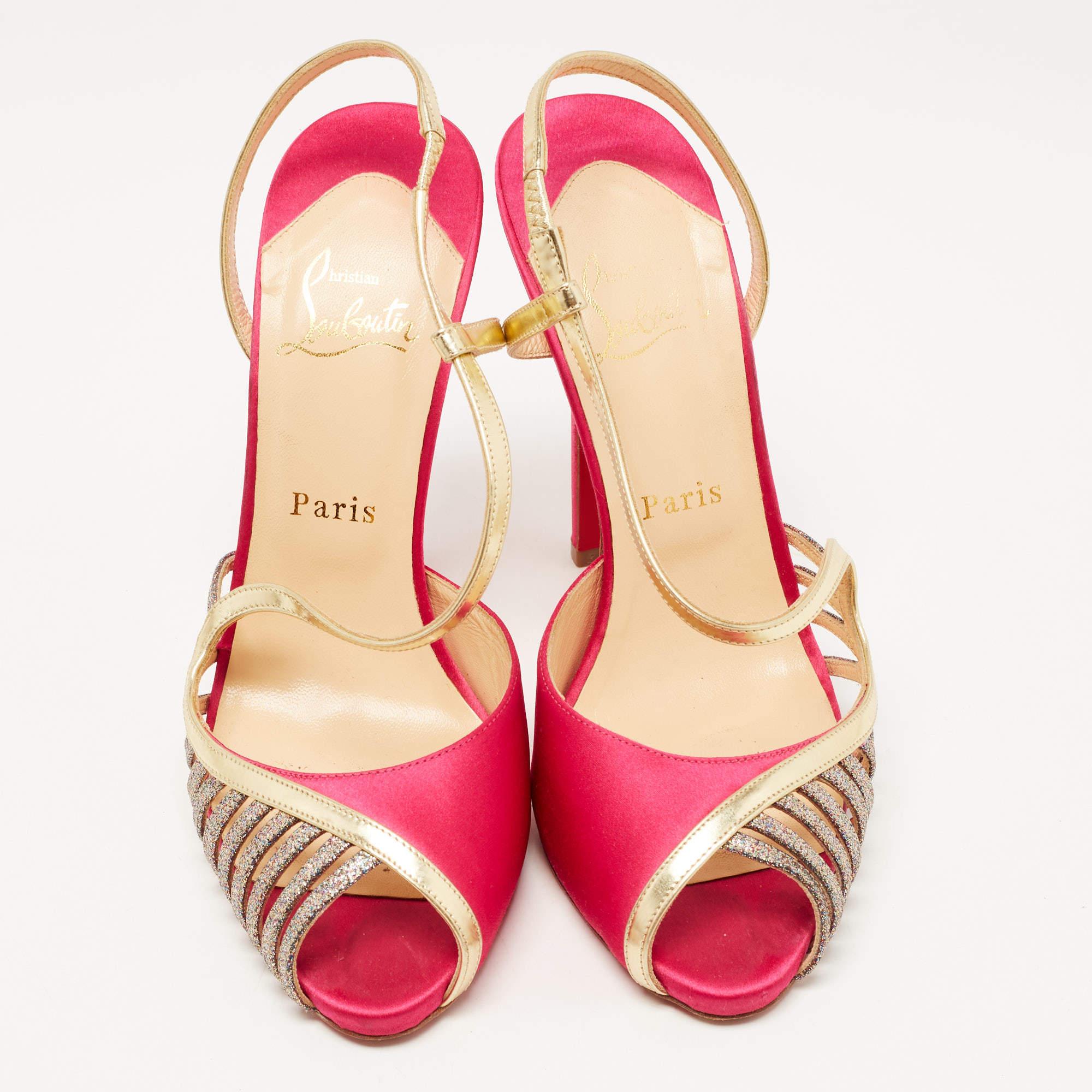 Beige Christian Louboutin Pink/Gold Satin, Leather and Glitter Strappy Sandals Size 39