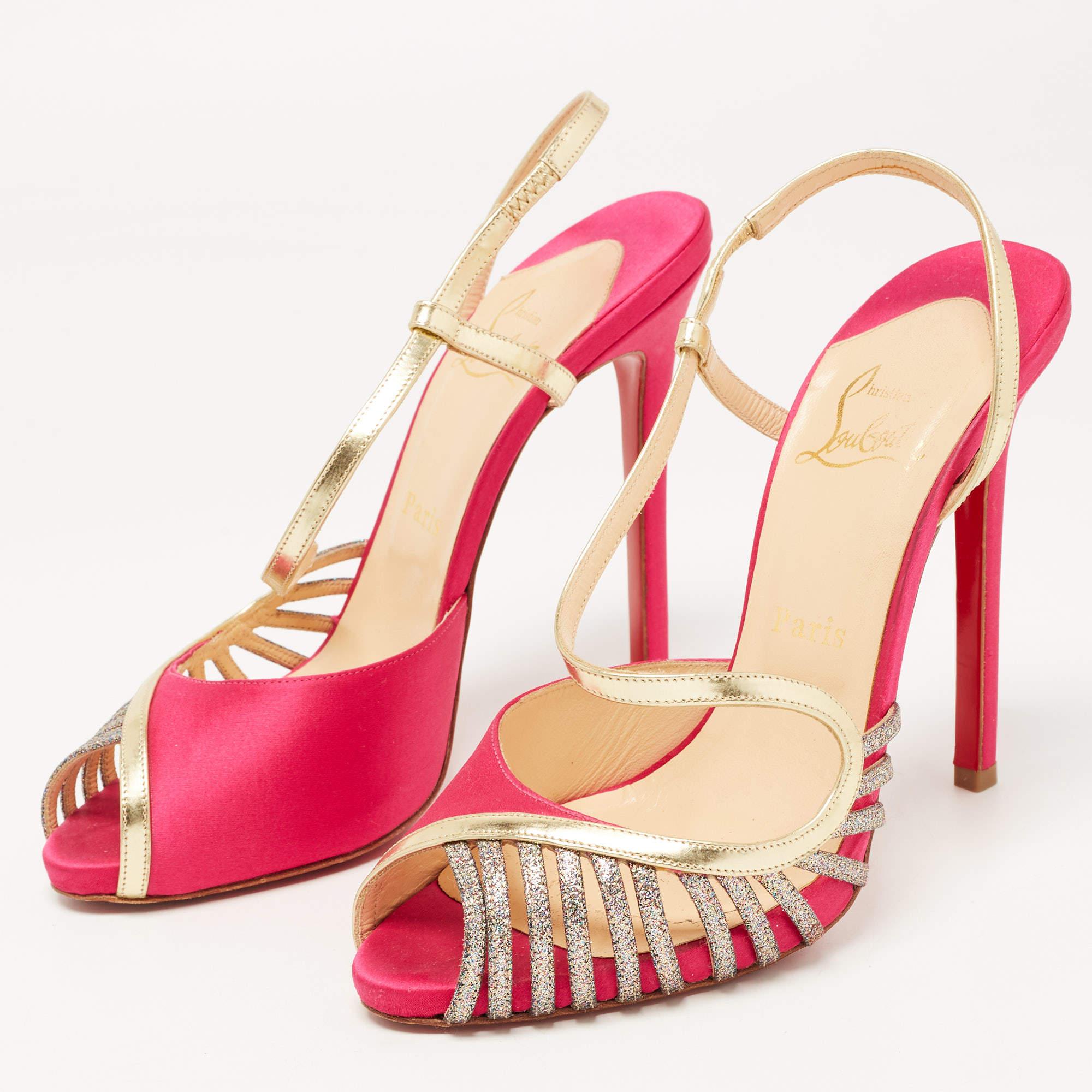 Women's Christian Louboutin Pink/Gold Satin, Leather and Glitter Strappy Sandals Size 39