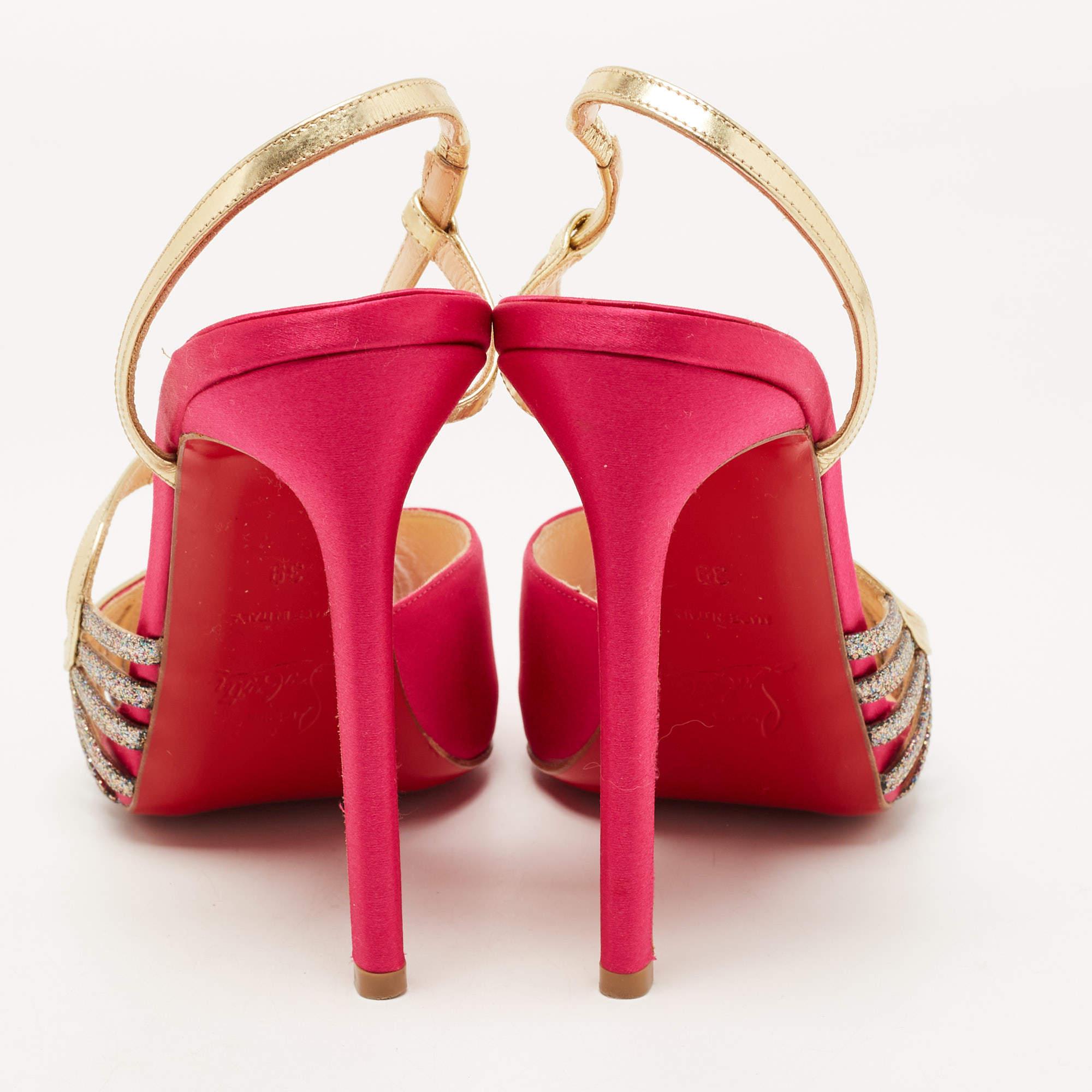Christian Louboutin Pink/Gold Satin, Leather and Glitter Strappy Sandals Size 39 1