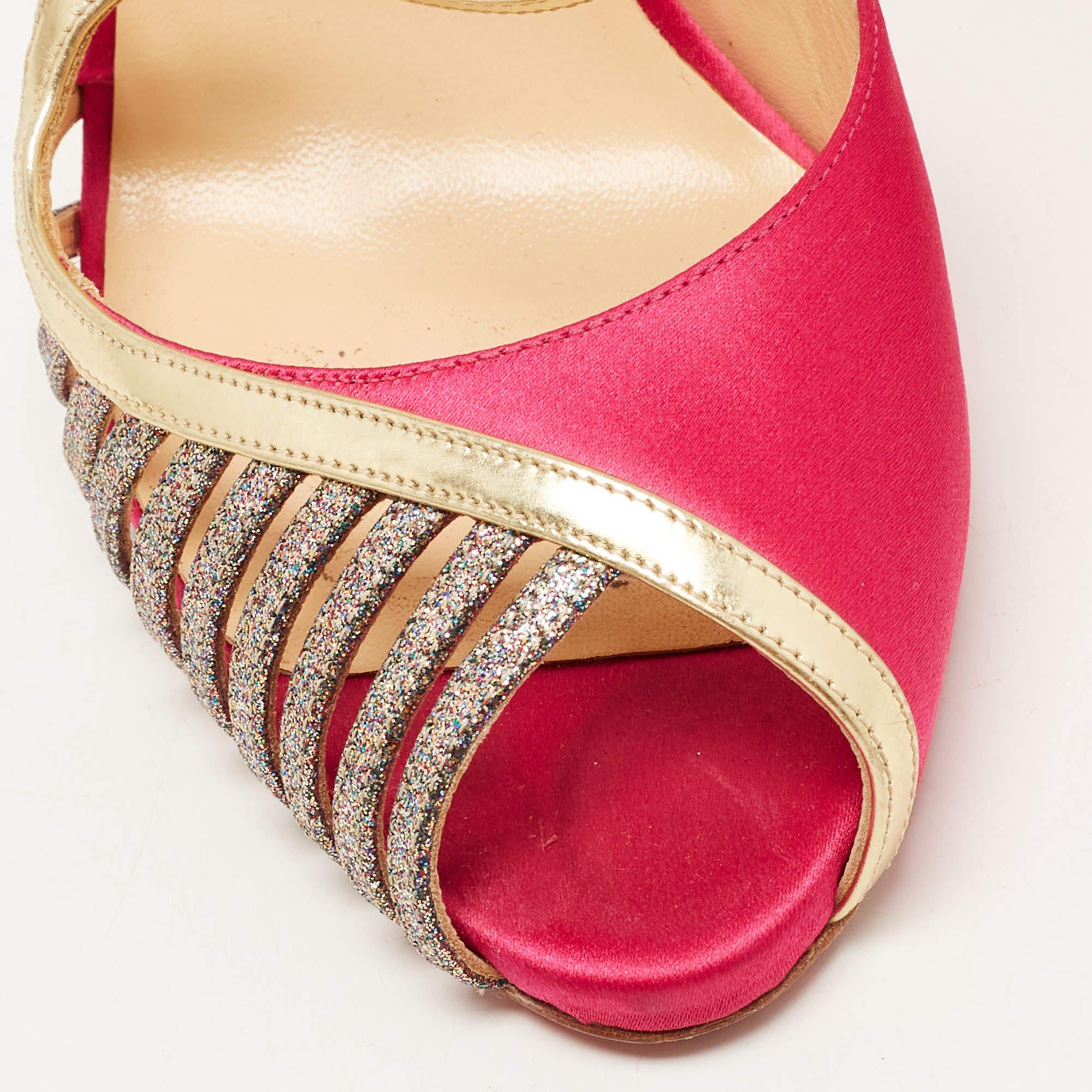 Christian Louboutin Pink/Gold Satin, Leather and Glitter Strappy Sandals Size 39 2