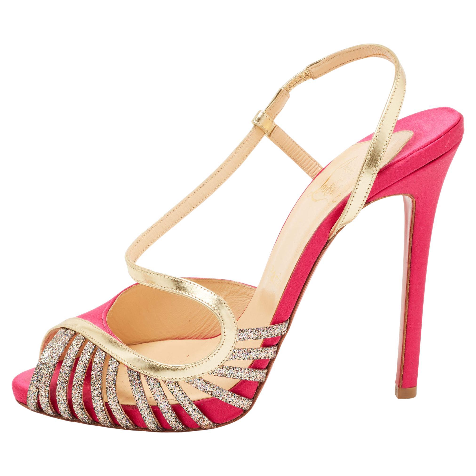 Christian Louboutin Pink/Gold Satin, Leather and Glitter Strappy Sandals Size 39