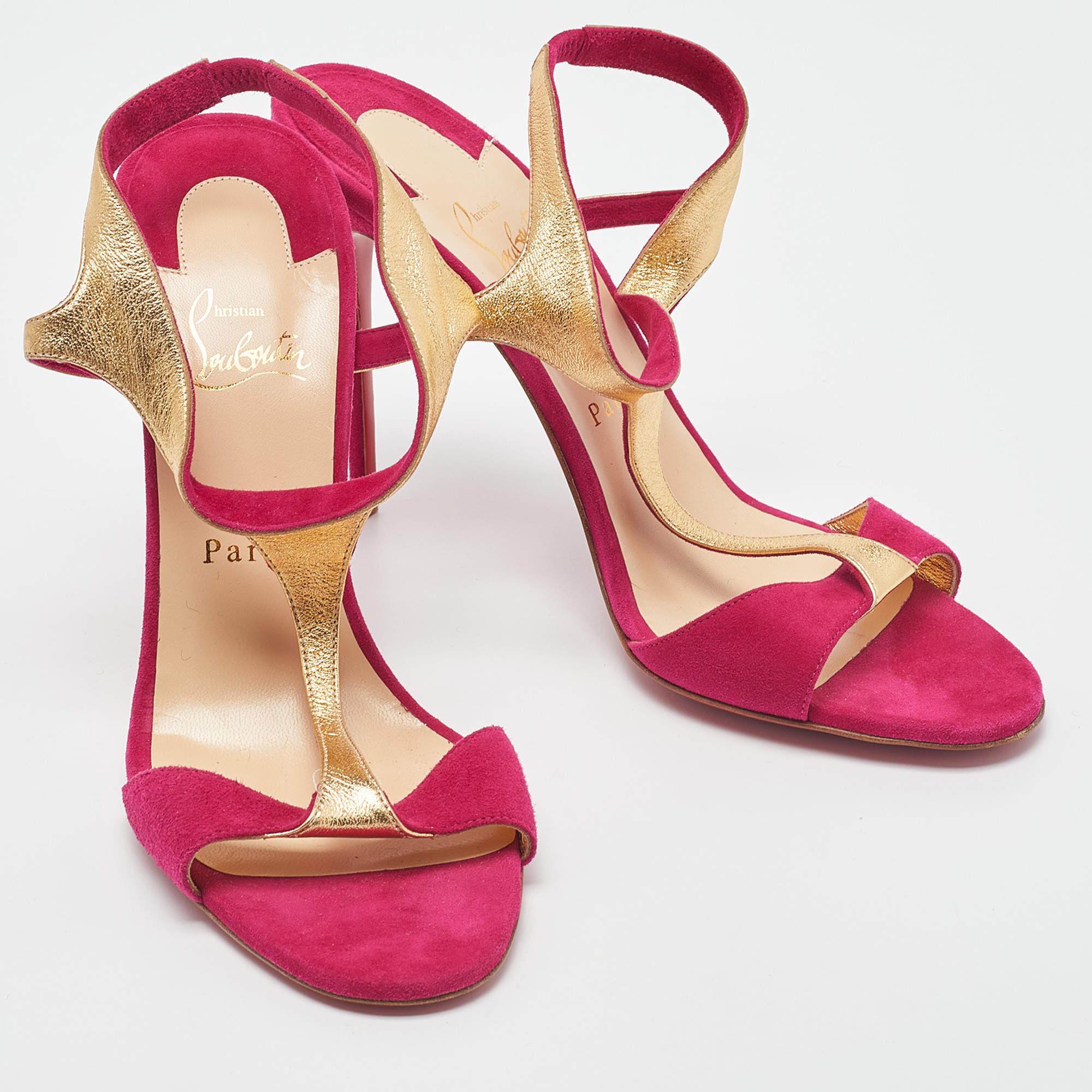 Christian Louboutin Pink/Gold Suede and Leather Morphetina Sandals Size 40.5 For Sale 1