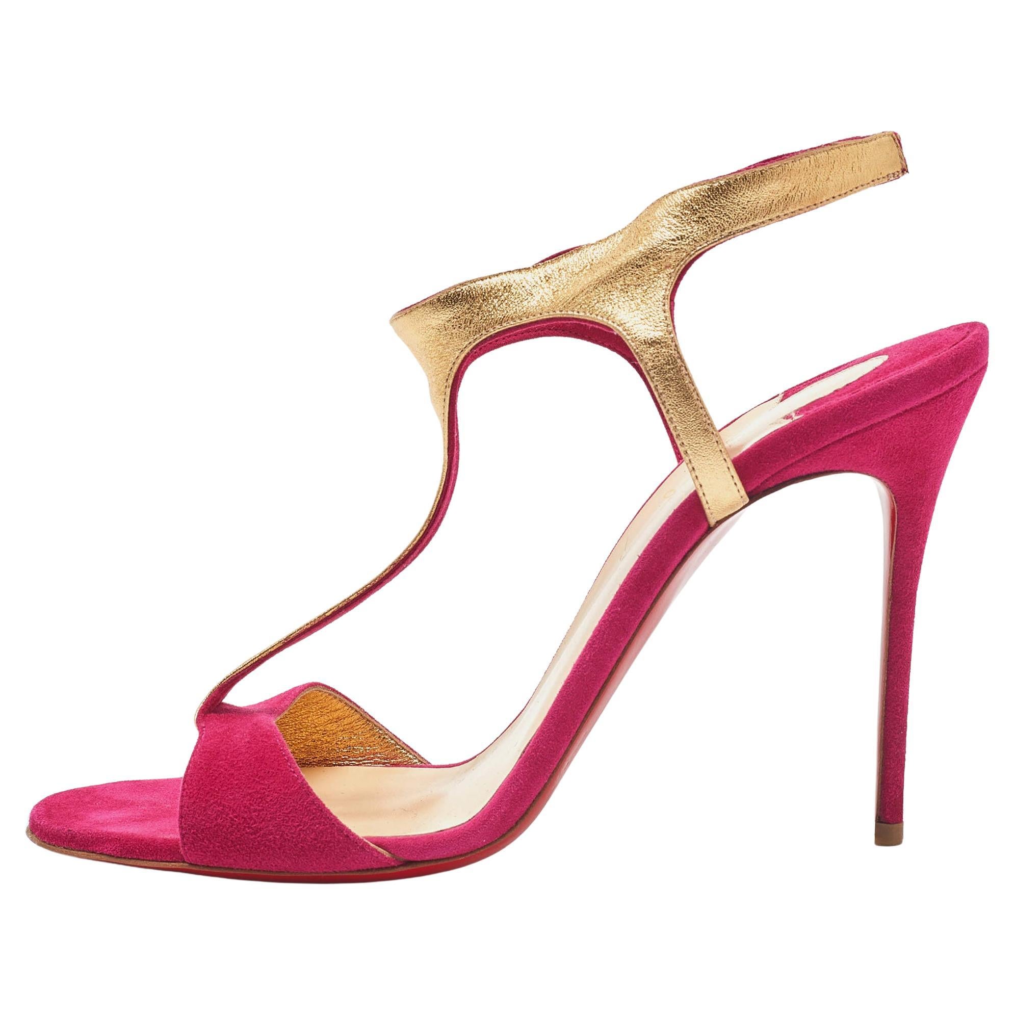 Christian Louboutin Pink/Gold Suede and Leather Morphetina Sandals Size 40.5 For Sale