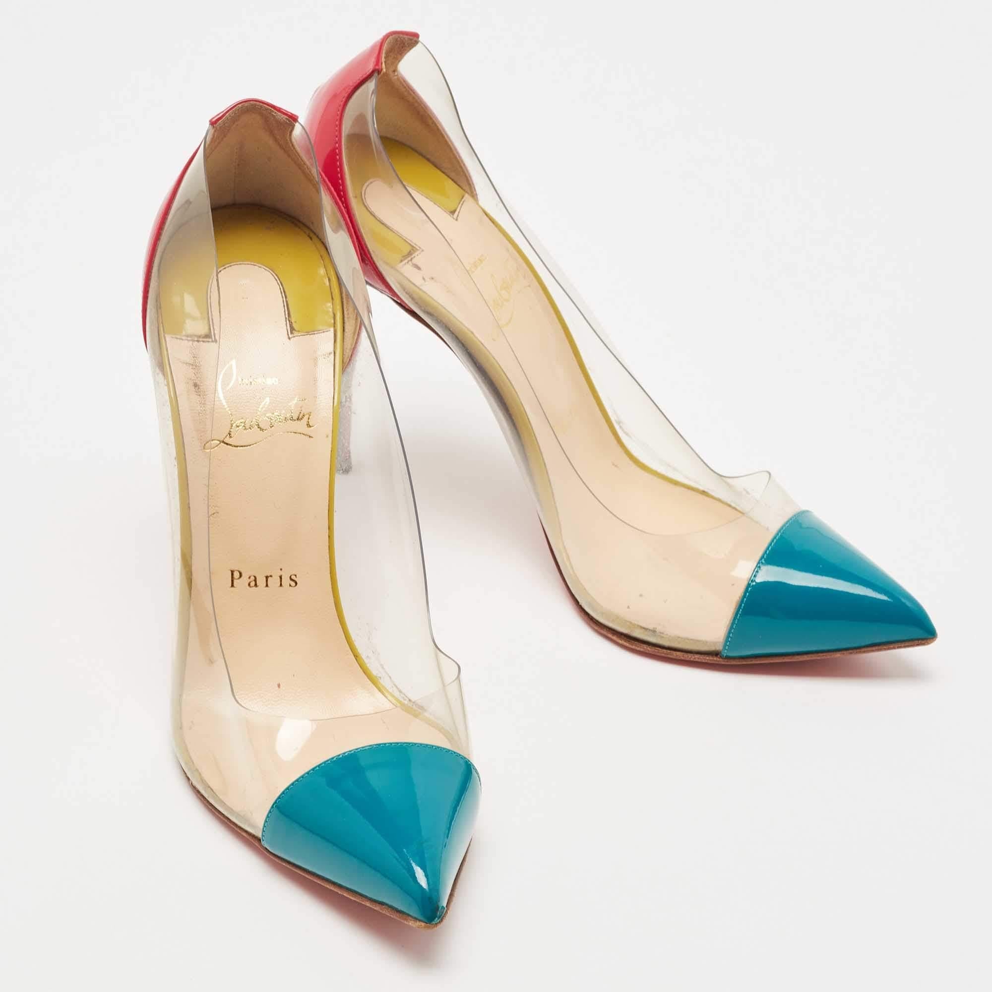 Christian Louboutin's timeless aesthetic and stellar craftsmanship in shoemaking is evident in these stunning Debout pumps. Crafted from black patent leather on the pointed toes and heel counters, they are adorned with iridescent PVC for an