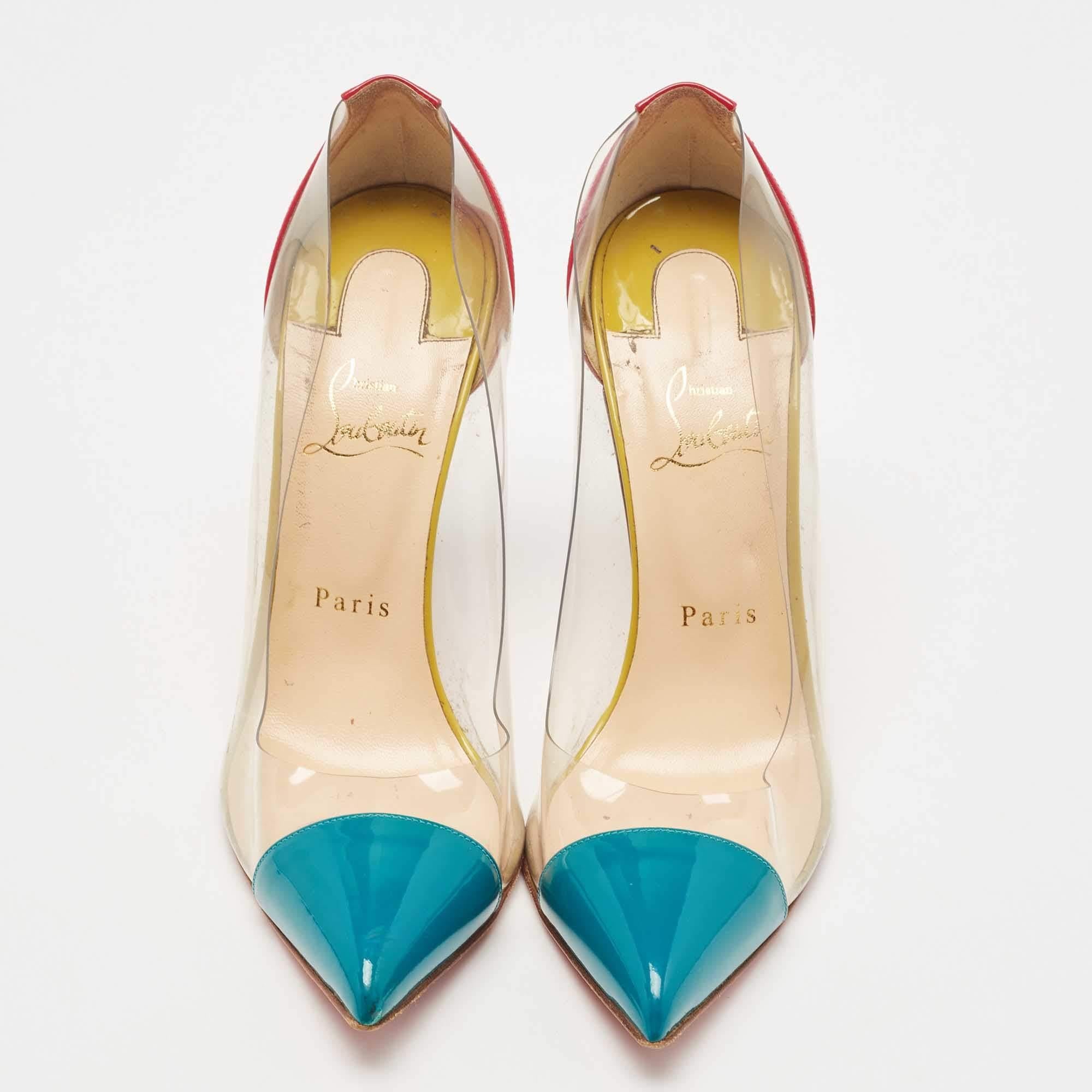 Beige Christian Louboutin Pink/Green Patent Leather and PVC Debout Pointed Toe Pumps S For Sale
