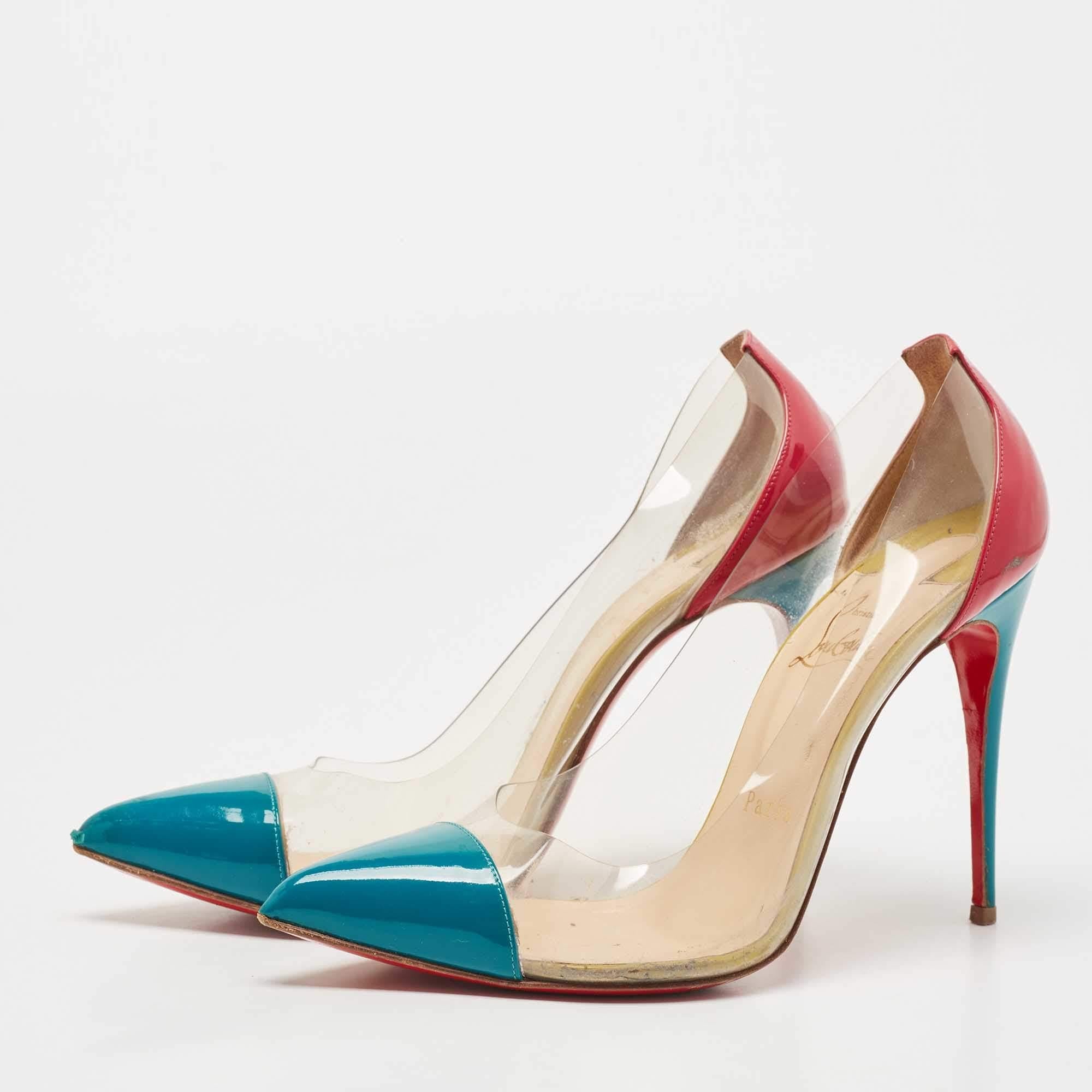 Christian Louboutin Pink/Green Patent Leather and PVC Debout Pointed Toe Pumps S In Fair Condition For Sale In Dubai, Al Qouz 2
