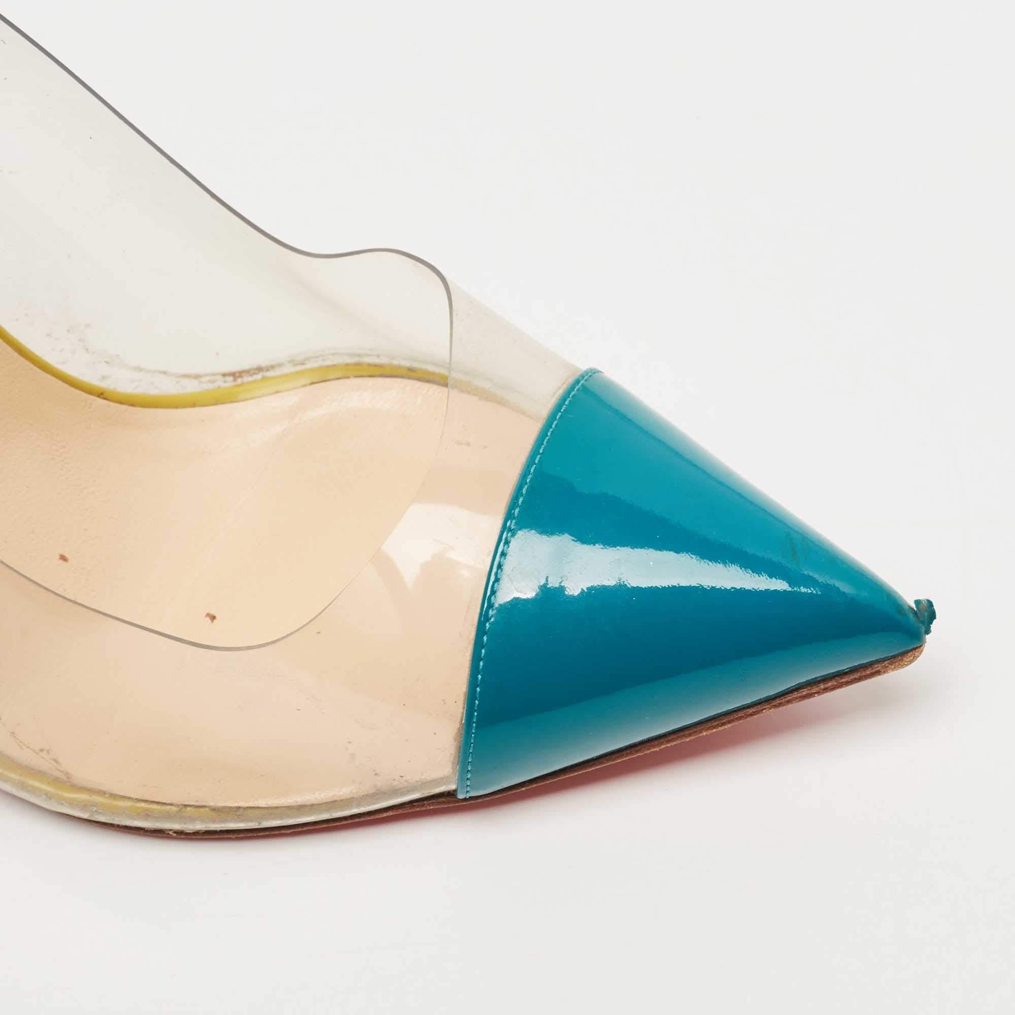 Christian Louboutin Pink/Green Patent Leather and PVC Debout Pointed Toe Pumps S For Sale 1