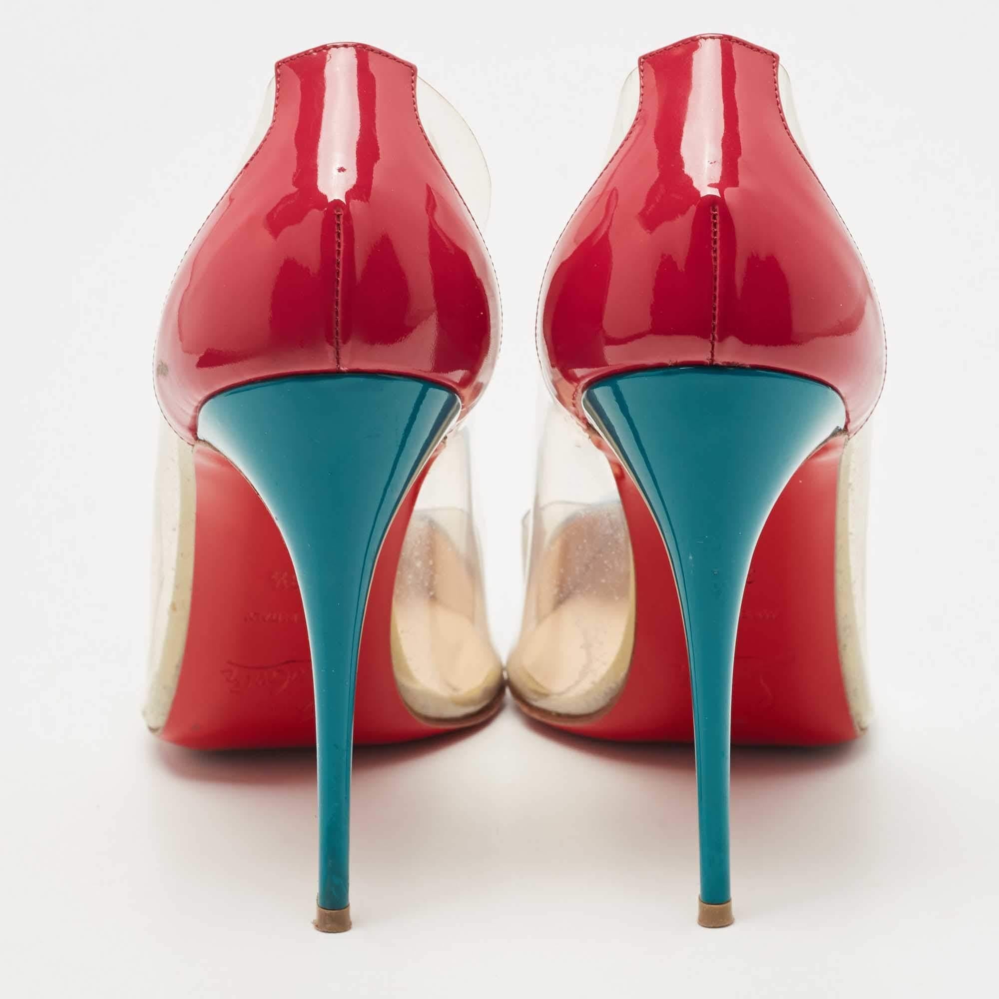 Christian Louboutin Pink/Green Patent Leather and PVC Debout Pointed Toe Pumps S For Sale 2