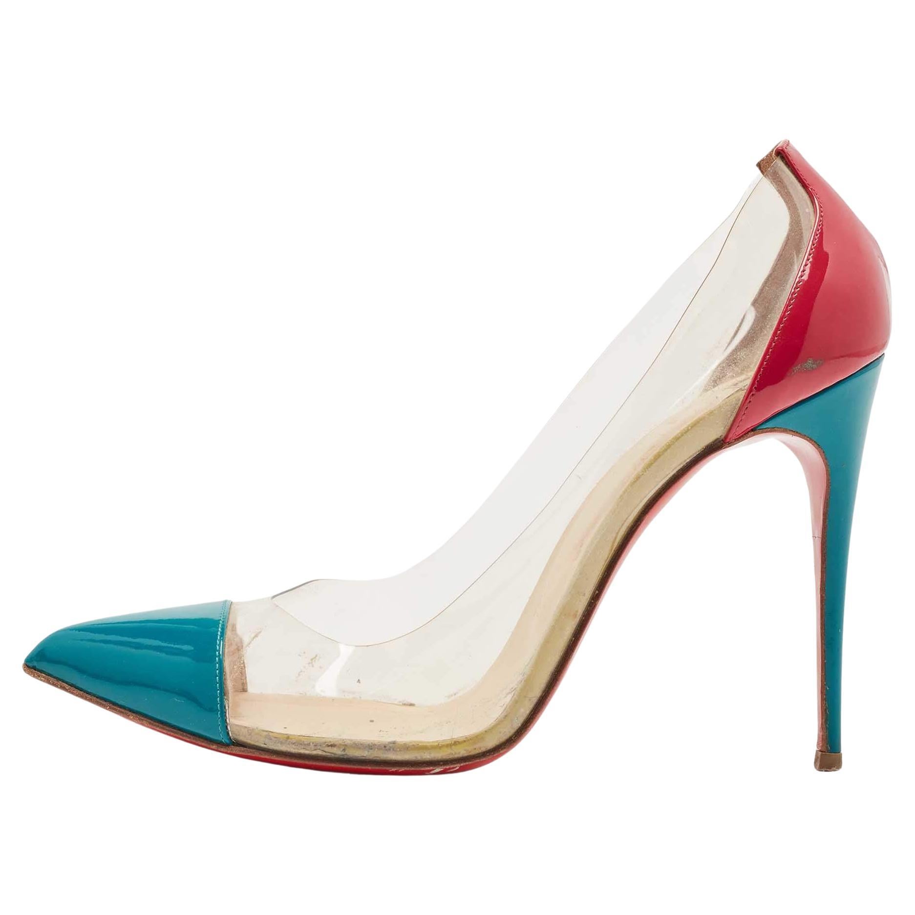 Christian Louboutin Pink/Green Patent Leather and PVC Debout Pointed Toe Pumps S For Sale