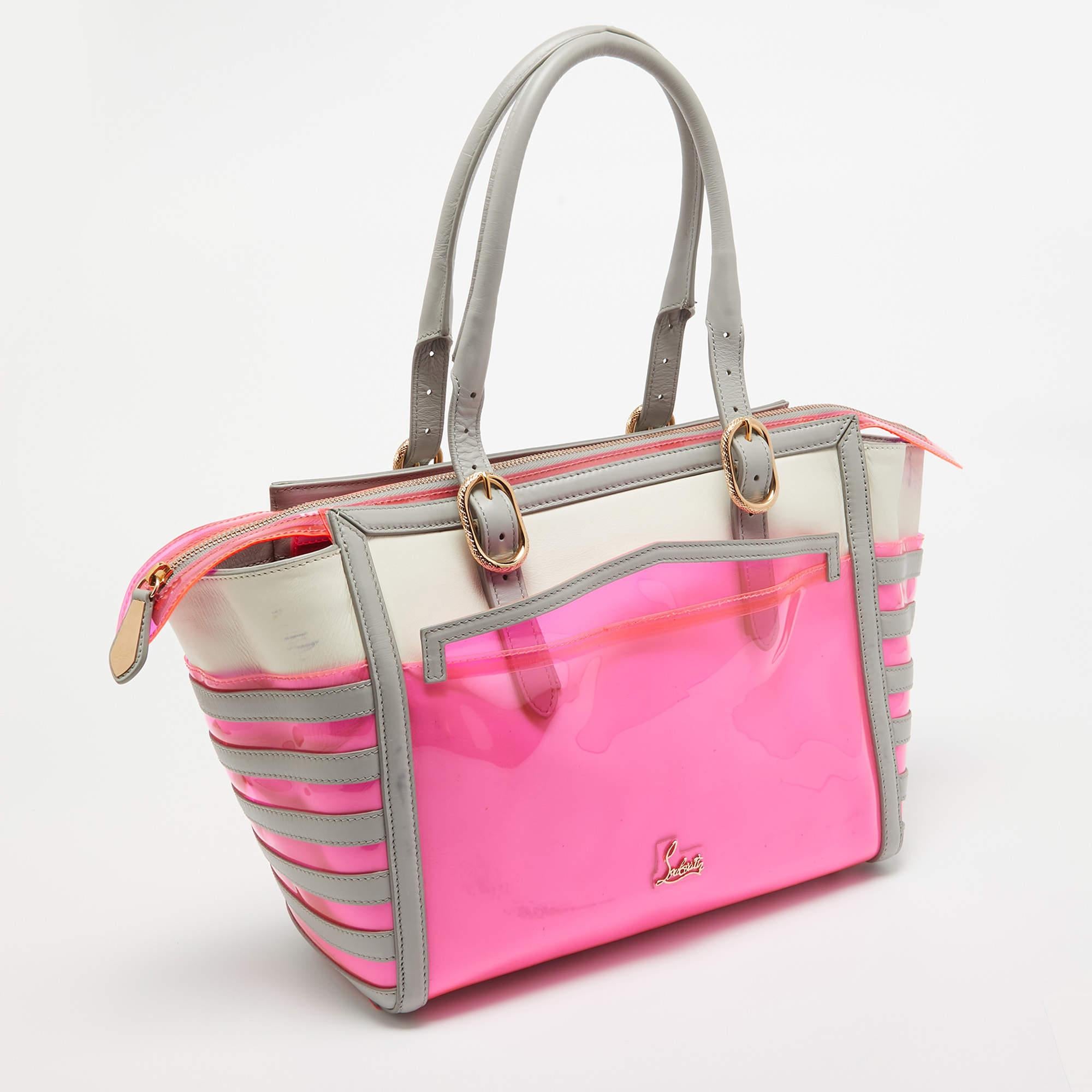 Women's Christian Louboutin Pink/Grey PVC and Leather Stripe Tote For Sale