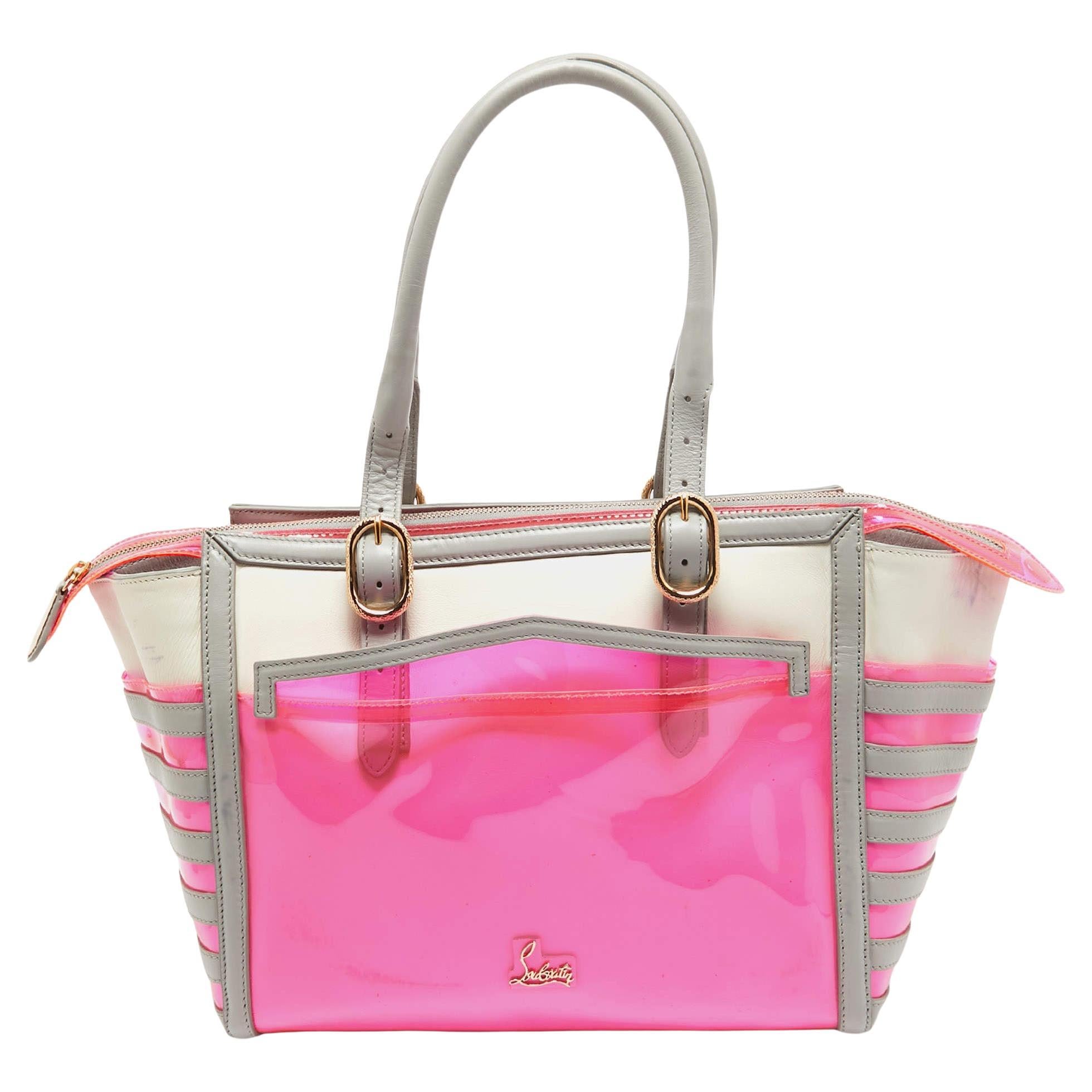 Christian Louboutin Pink/Grey PVC and Leather Stripe Tote For Sale