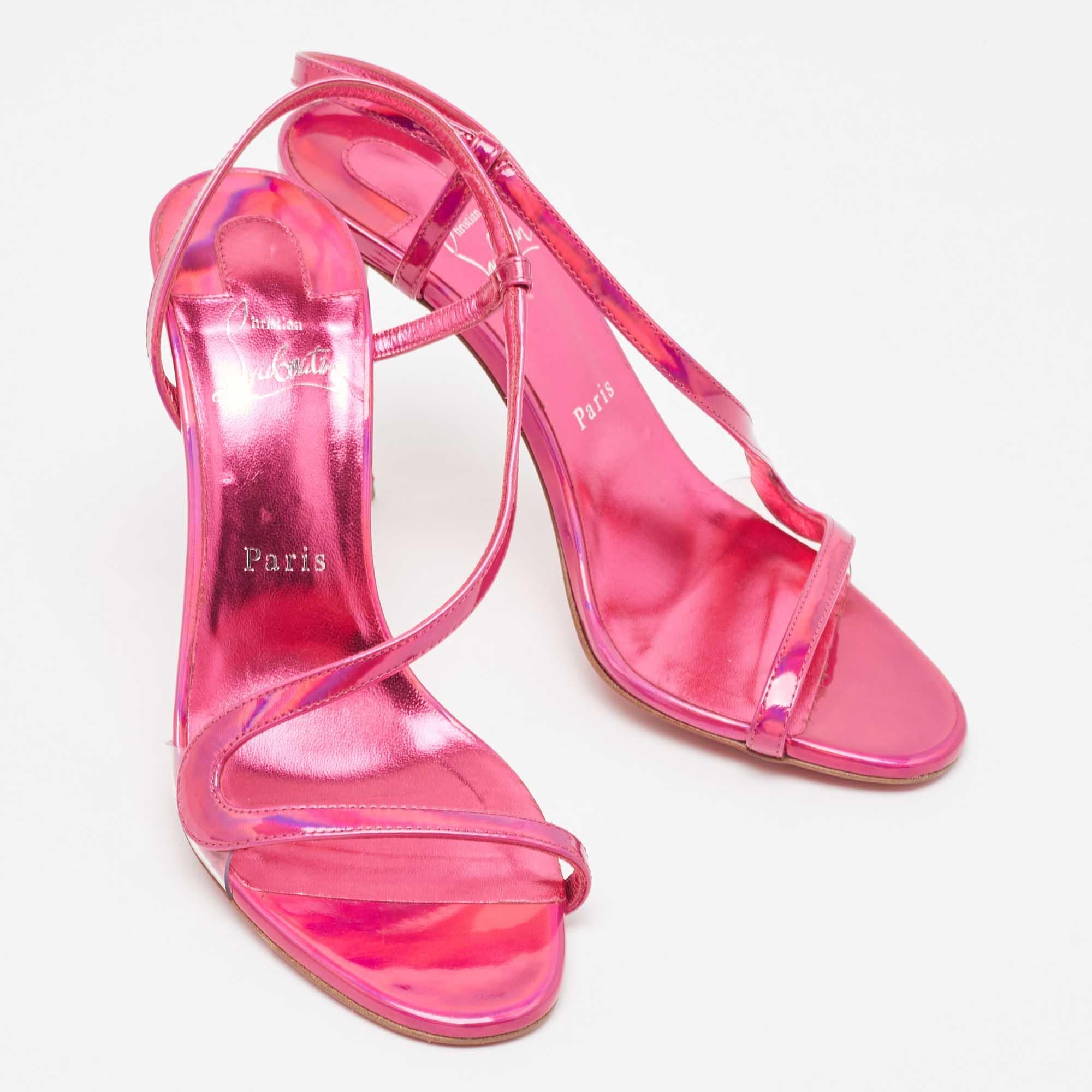 Christian Louboutin Pink Iridescent Leather Rosalie Sandals Size 38 In Good Condition For Sale In Dubai, Al Qouz 2
