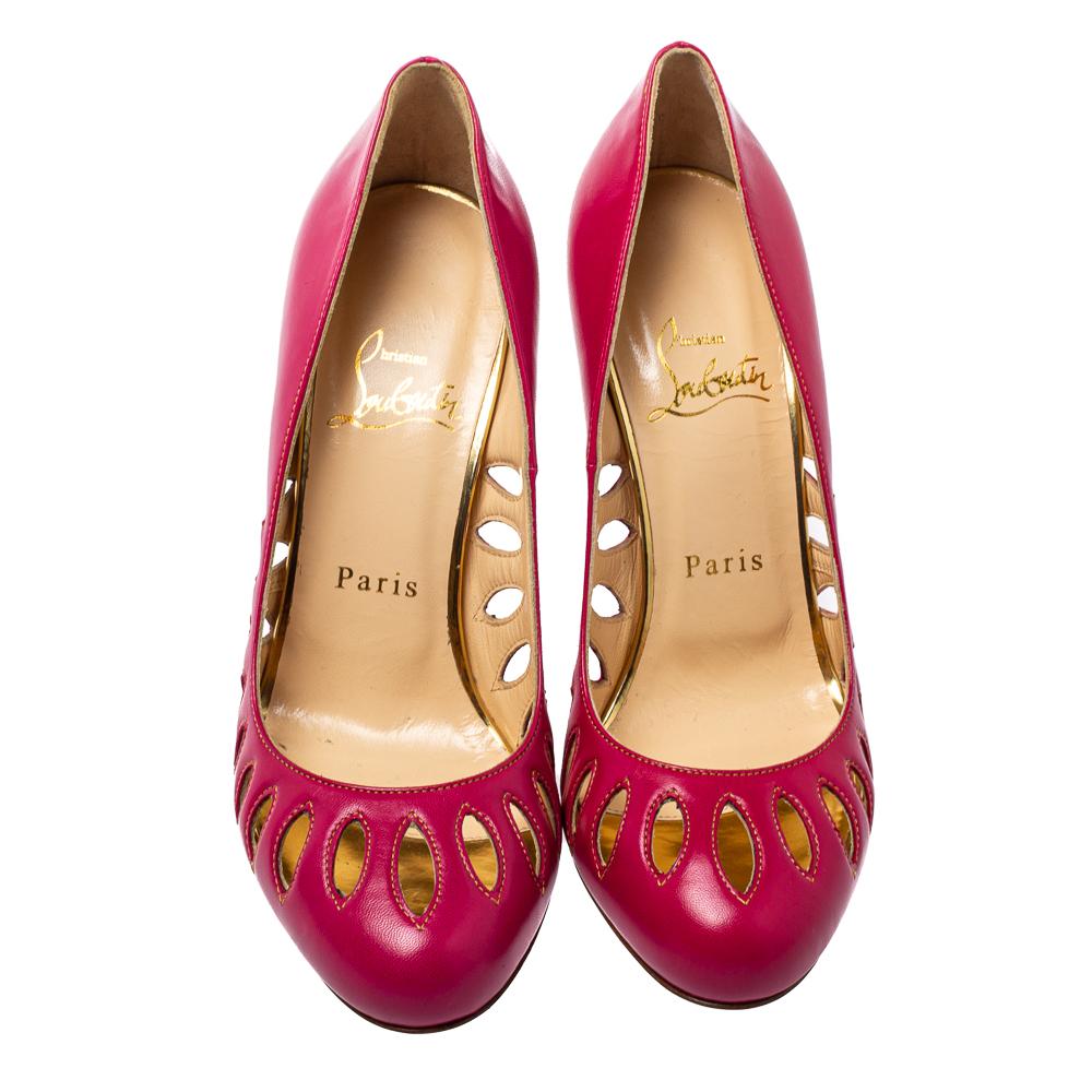 Get set to take the center stage in these fabulous pumps from Christian Louboutin! The pink pair is crafted from leather, styled with a laser-cut design, and elevated on 10.5 cm heels. Leather-lined insoles ensure you won't compromise on comfort for