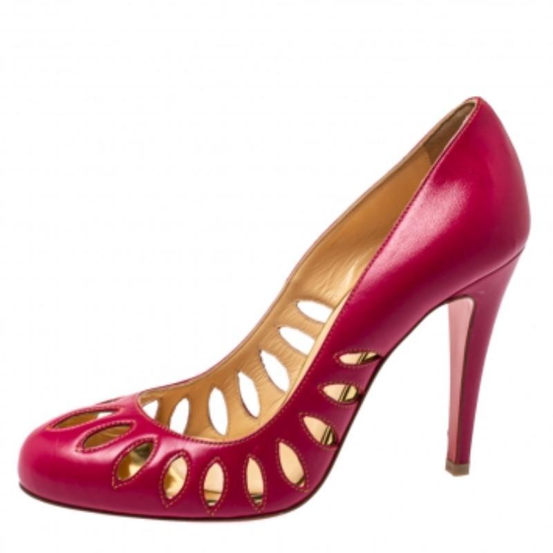 Women's Christian Louboutin Pink Leather Laser Cut Pumps Size 36.5 For Sale