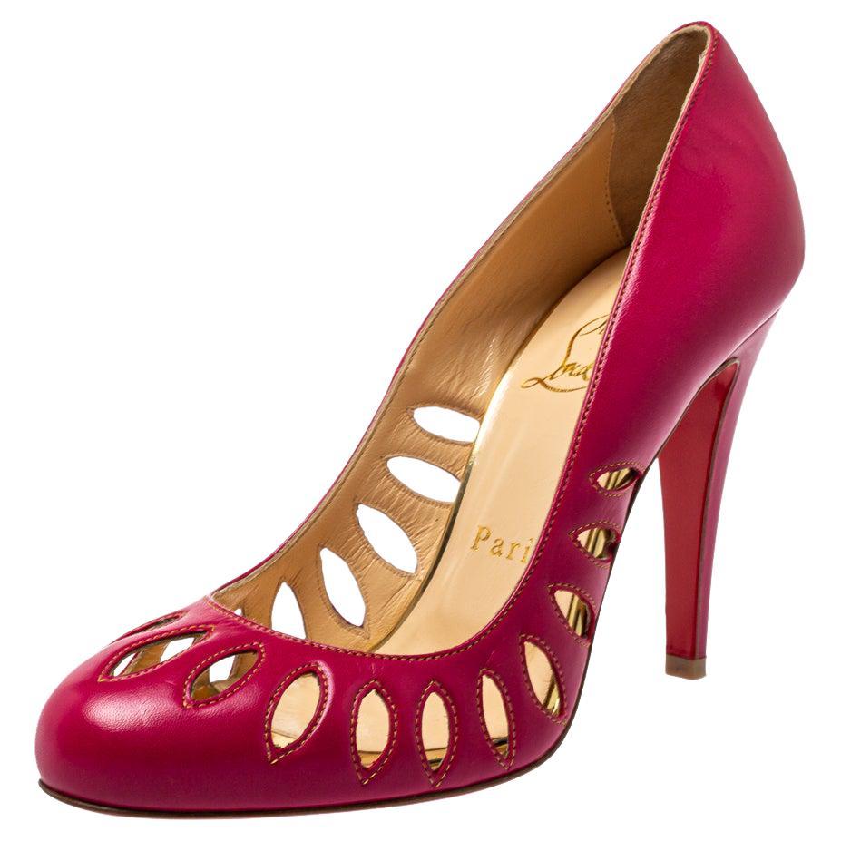 Christian Louboutin Pink Leather Laser Cut Pumps Size 36.5 For Sale