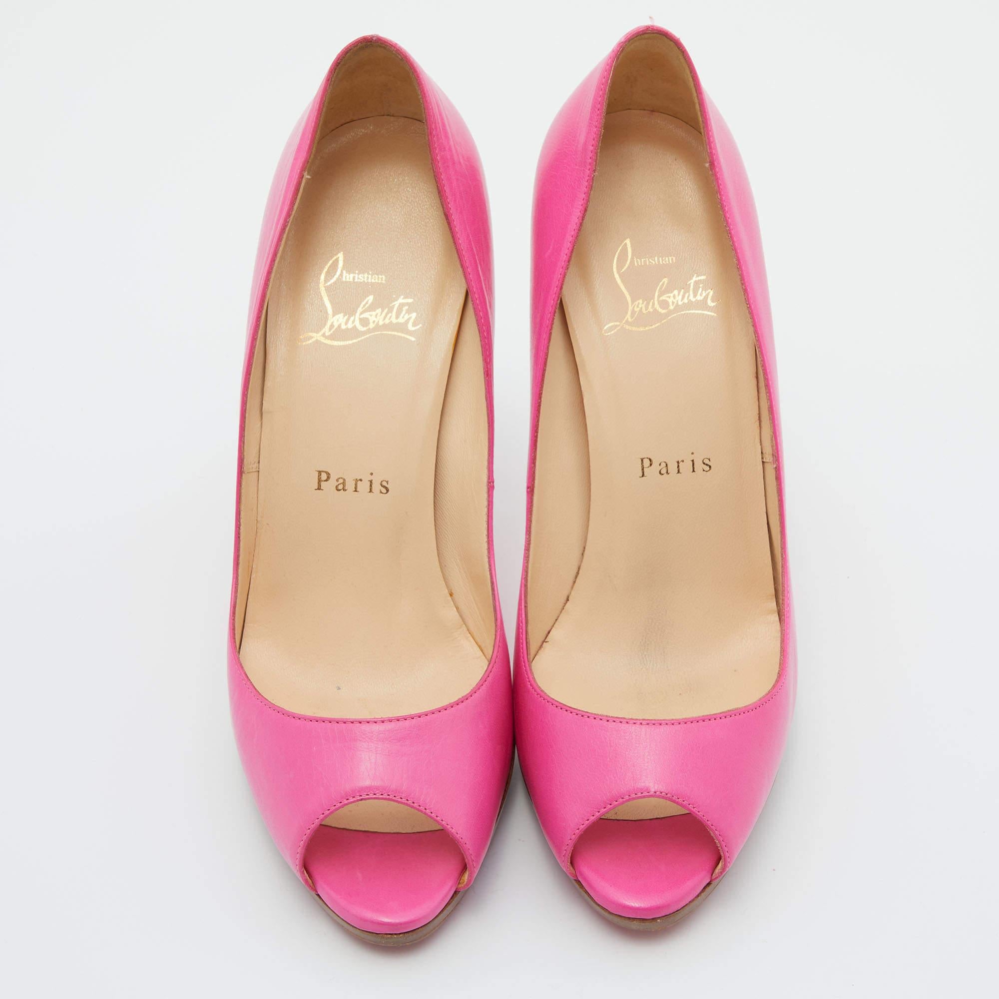 Christian Louboutin Pink Leather Peep Toe Platform Pumps Size 37 In Good Condition For Sale In Dubai, Al Qouz 2