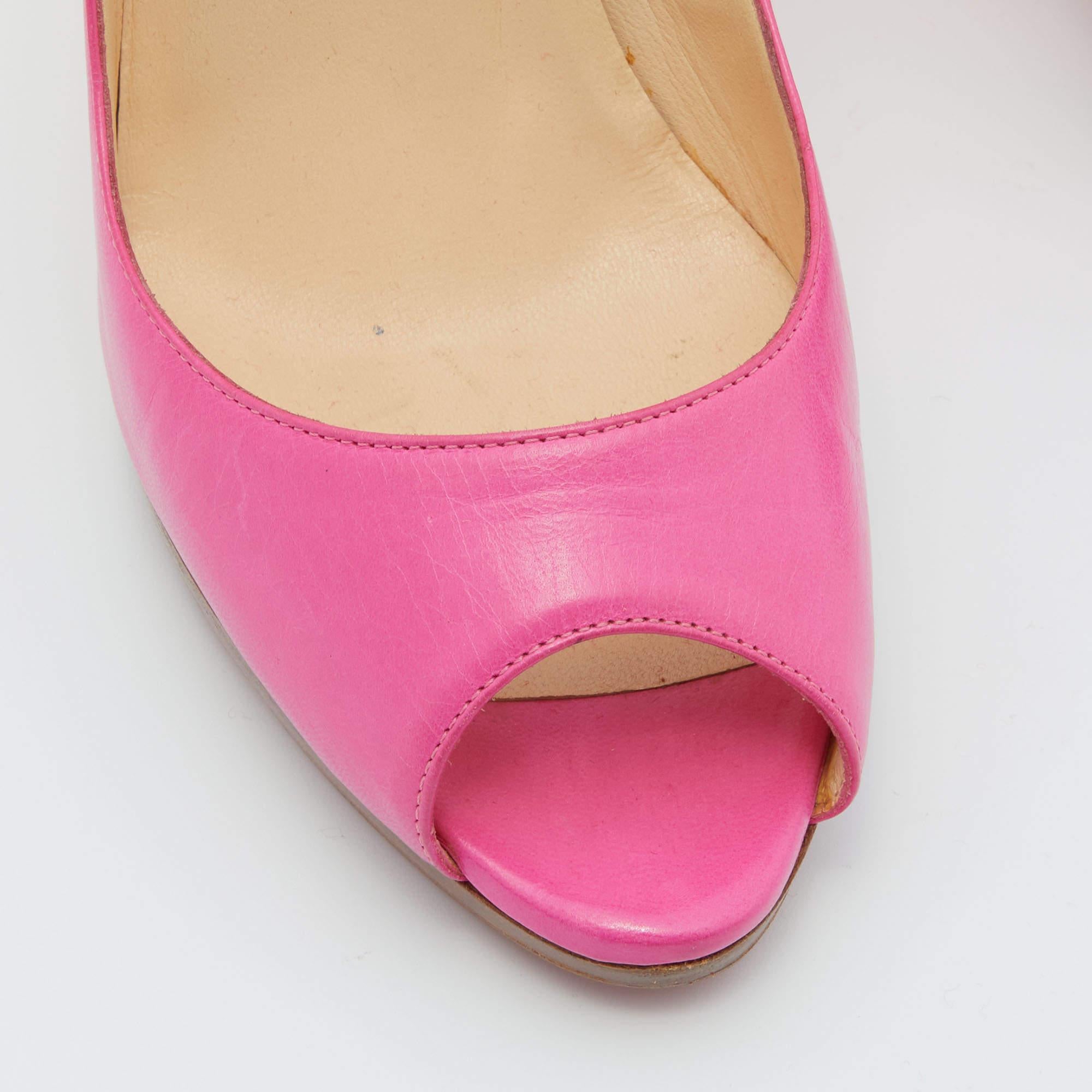 Women's Christian Louboutin Pink Leather Peep Toe Platform Pumps Size 37 For Sale