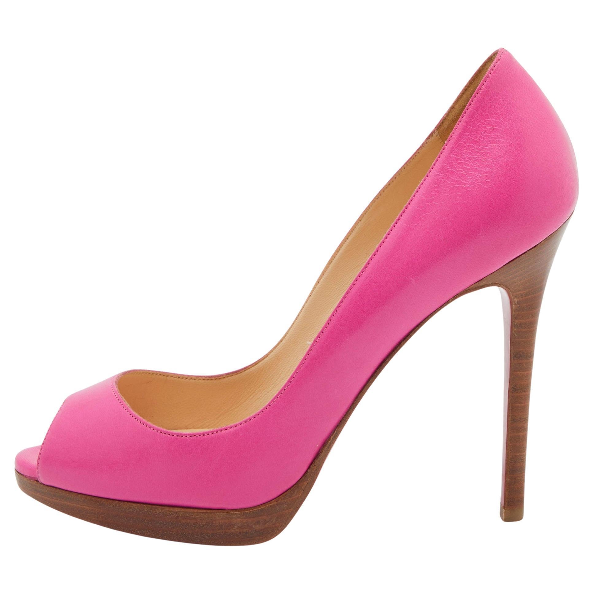 Christian Louboutin Pink Leather Peep Toe Platform Pumps Size 37 For Sale