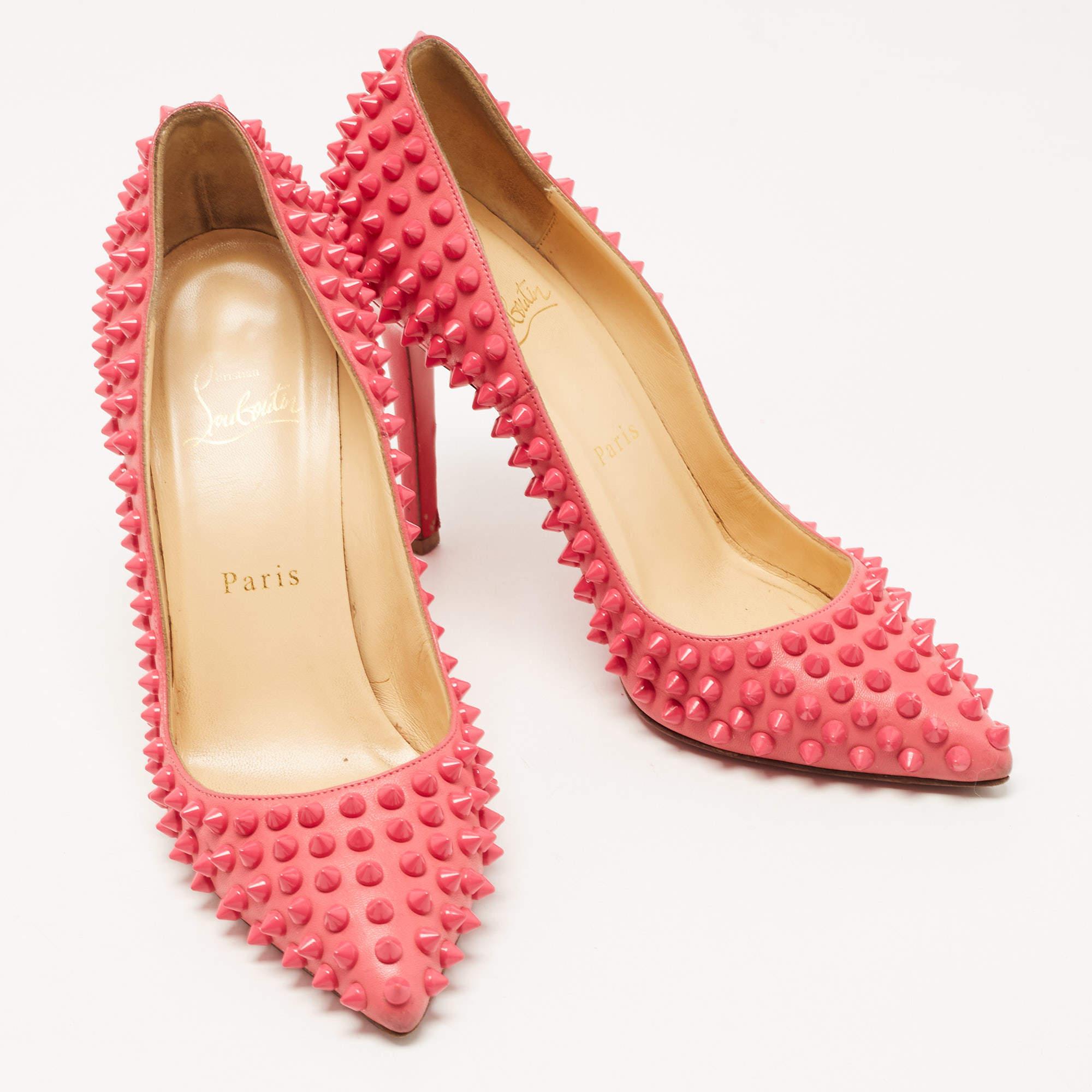 Orange Christian Louboutin Pink Leather Pigalle Spikes Pumps Size 37