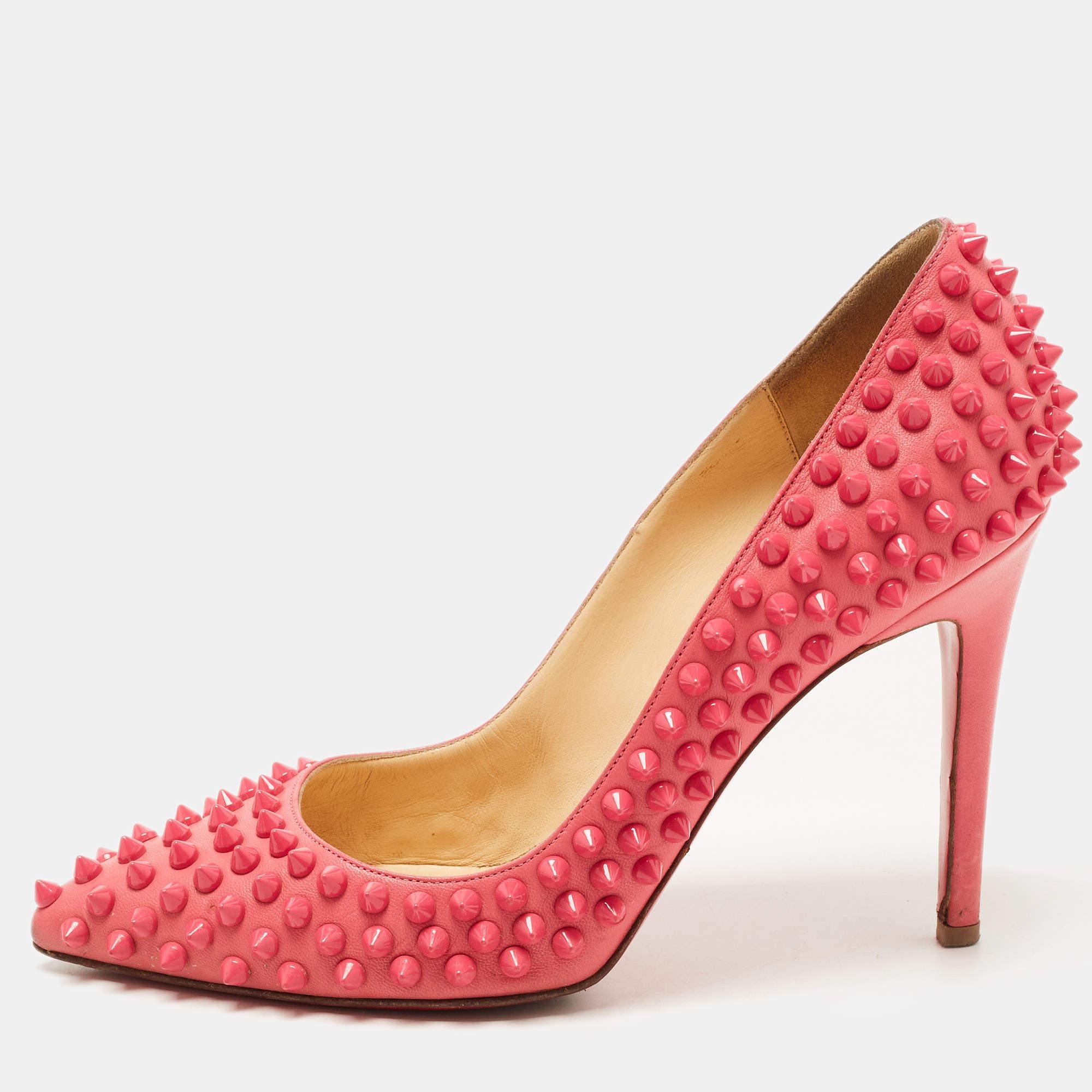 Women's Christian Louboutin Pink Leather Pigalle Spikes Pumps Size 37