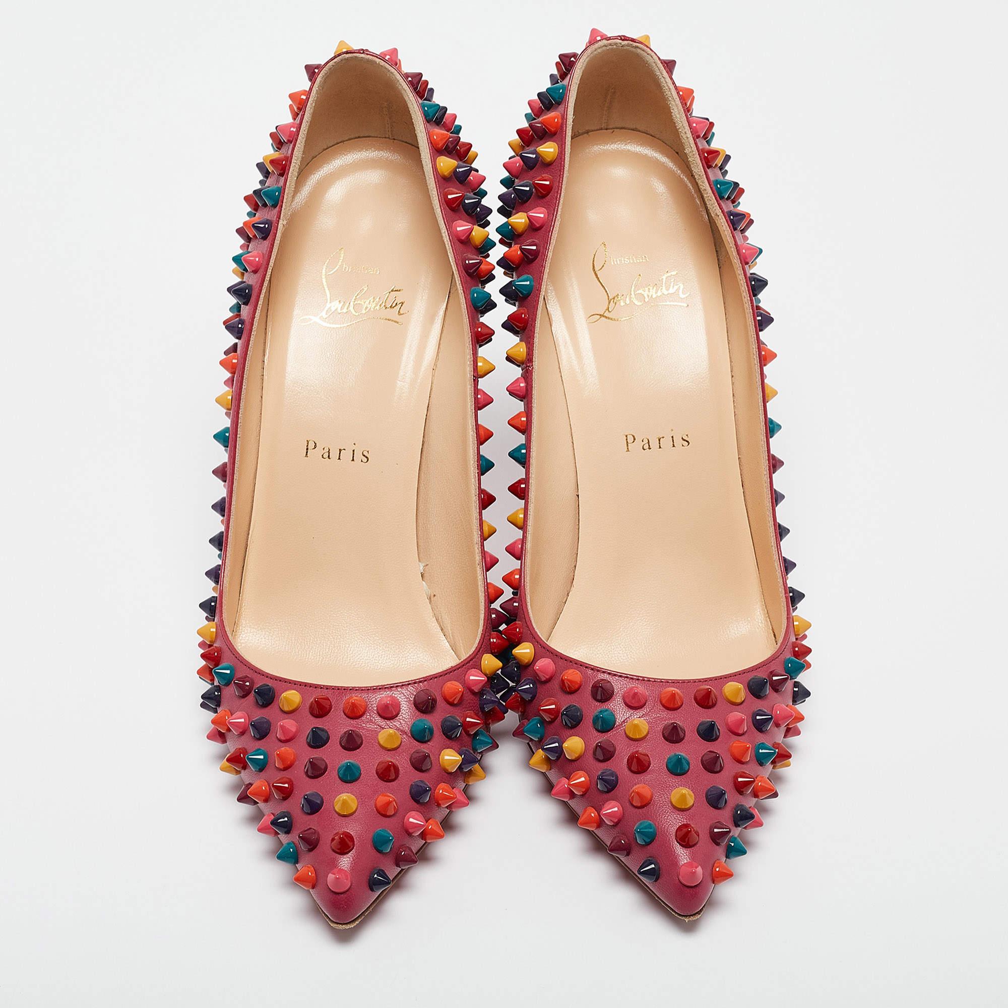 Brown Christian Louboutin Pink Leather Pigalle Spikes Pumps Size 38.5