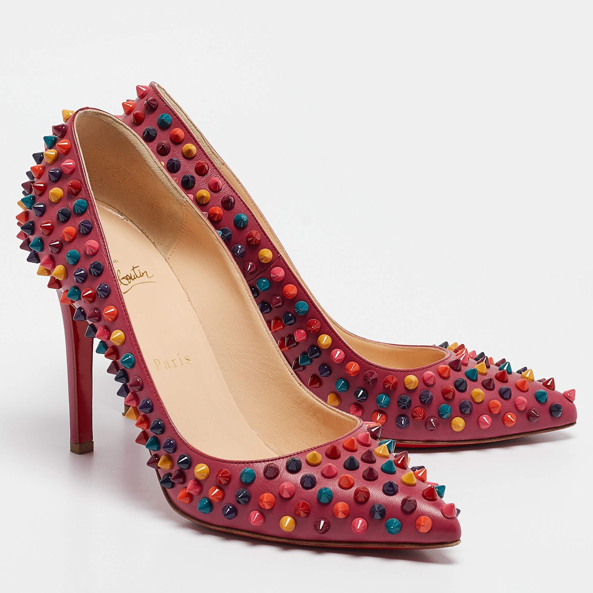Christian Louboutin Pink Leather Pigalle Spikes Pumps Size 38.5 In Good Condition In Dubai, Al Qouz 2