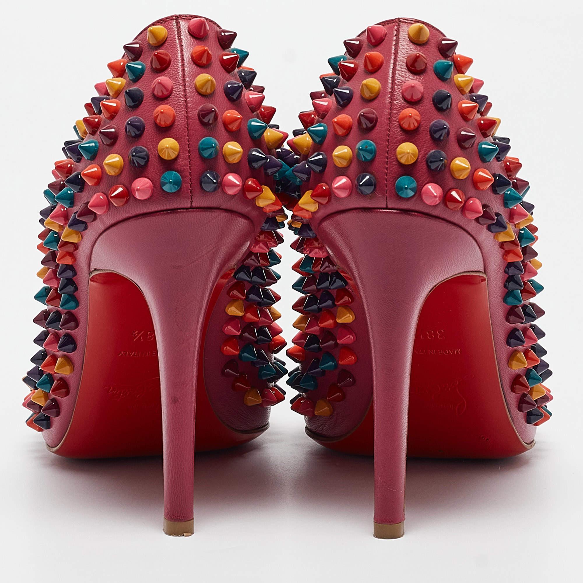 Women's Christian Louboutin Pink Leather Pigalle Spikes Pumps Size 38.5