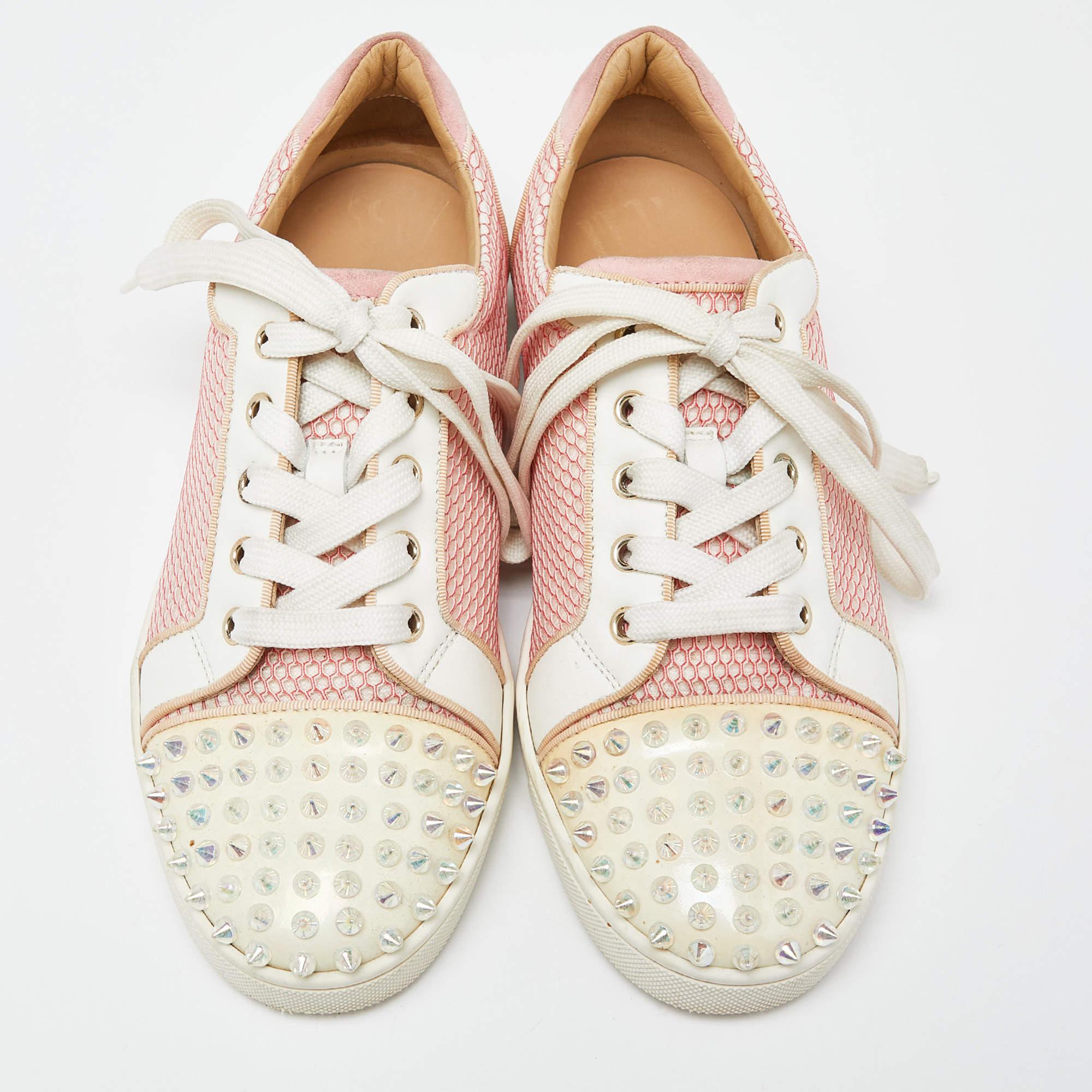 Beige Christian Louboutin Pink Mesh & Leather Spiked Louis Junior Sneakers Size 39.5
