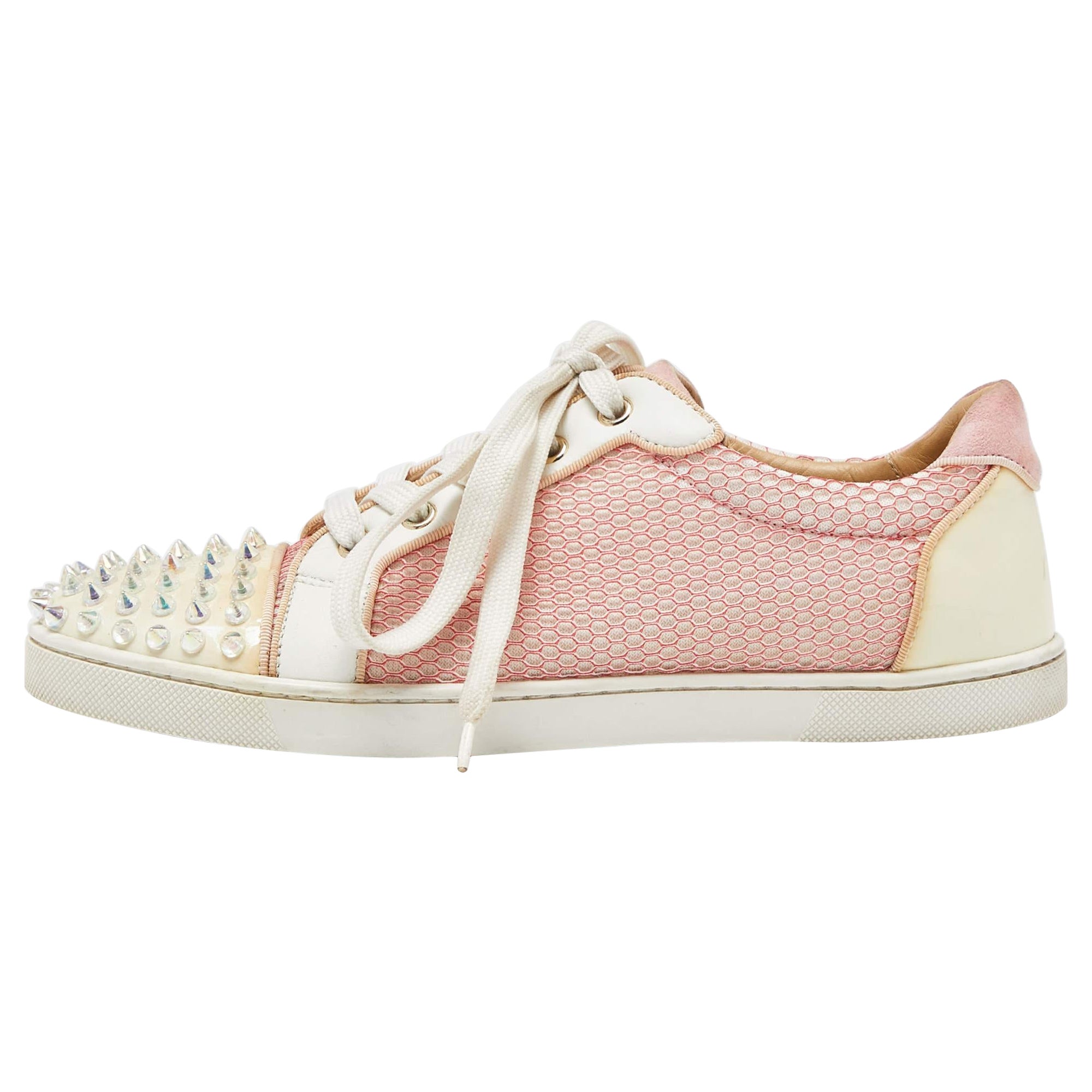 Christian Louboutin Pink Mesh 
Leather Spiked Louis Junior Sneakers Size 39.5