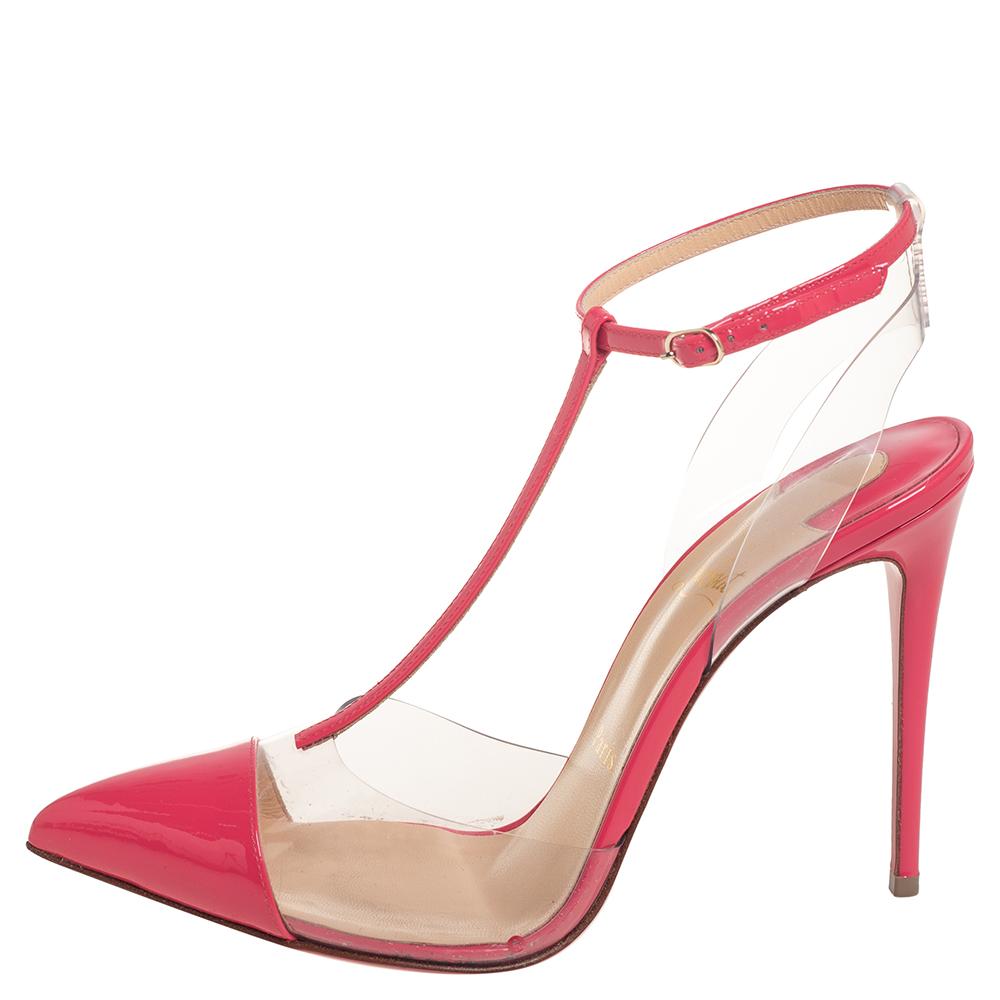 Christian Louboutin is one of the leading names when it comes to a pair of gorgeous sandals like this one. These patent leather and PVC sandals look fashionable and chic. They come with t-straps, buckled ankle straps, signature red soles, and 10.5