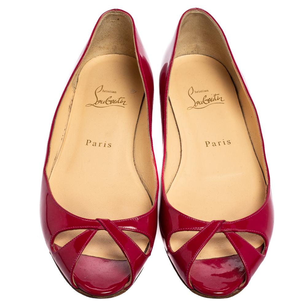 Christian Louboutin Pink Patent Leather Flat Peep-Toe Ballet Flats Size 37.5 For Sale 1