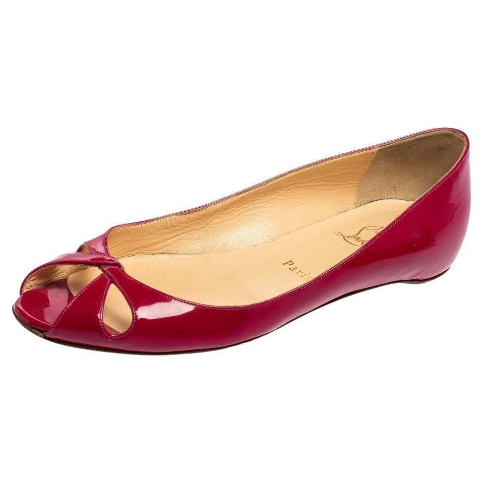 Christian Louboutin Pink Patent Leather Flat Peep-Toe Ballet Flats Size 37.5 For Sale