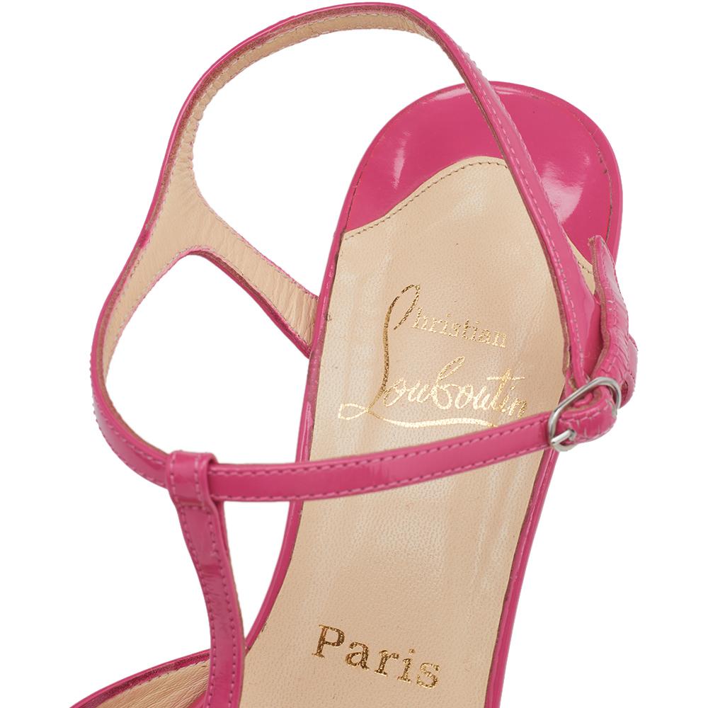 Women's Christian Louboutin Pink Patent Leather J String T Strap Sandals Size 38