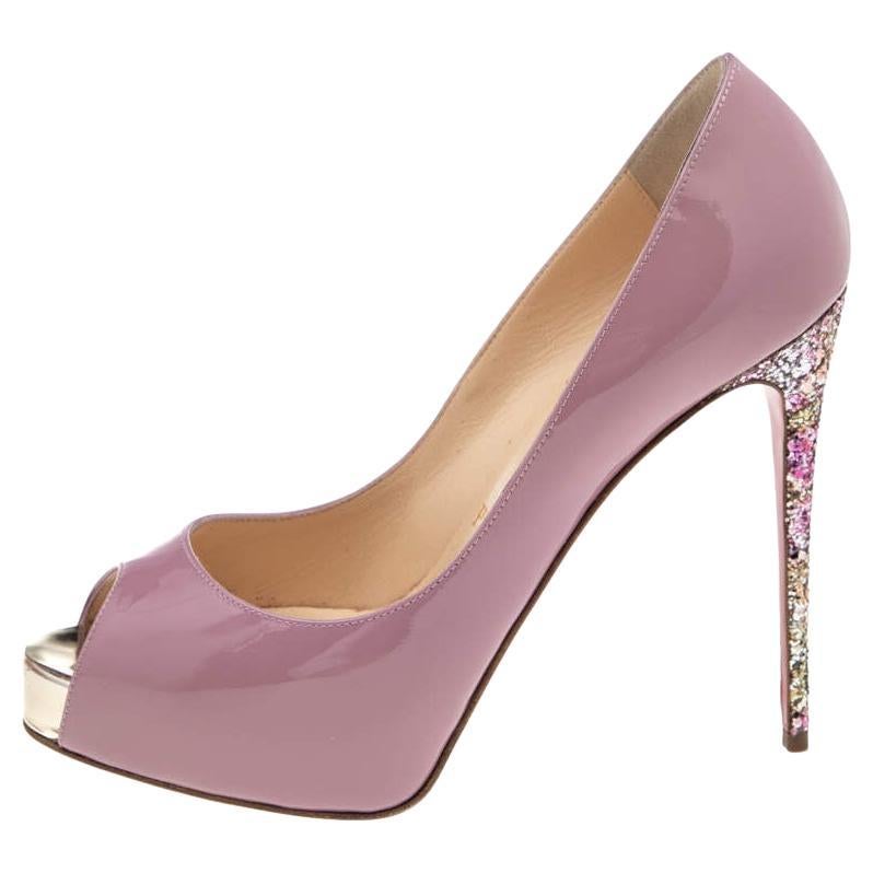 Christian Louboutin Pink Patent Leather New Very Prive Glitter Heel Platform Pum For Sale