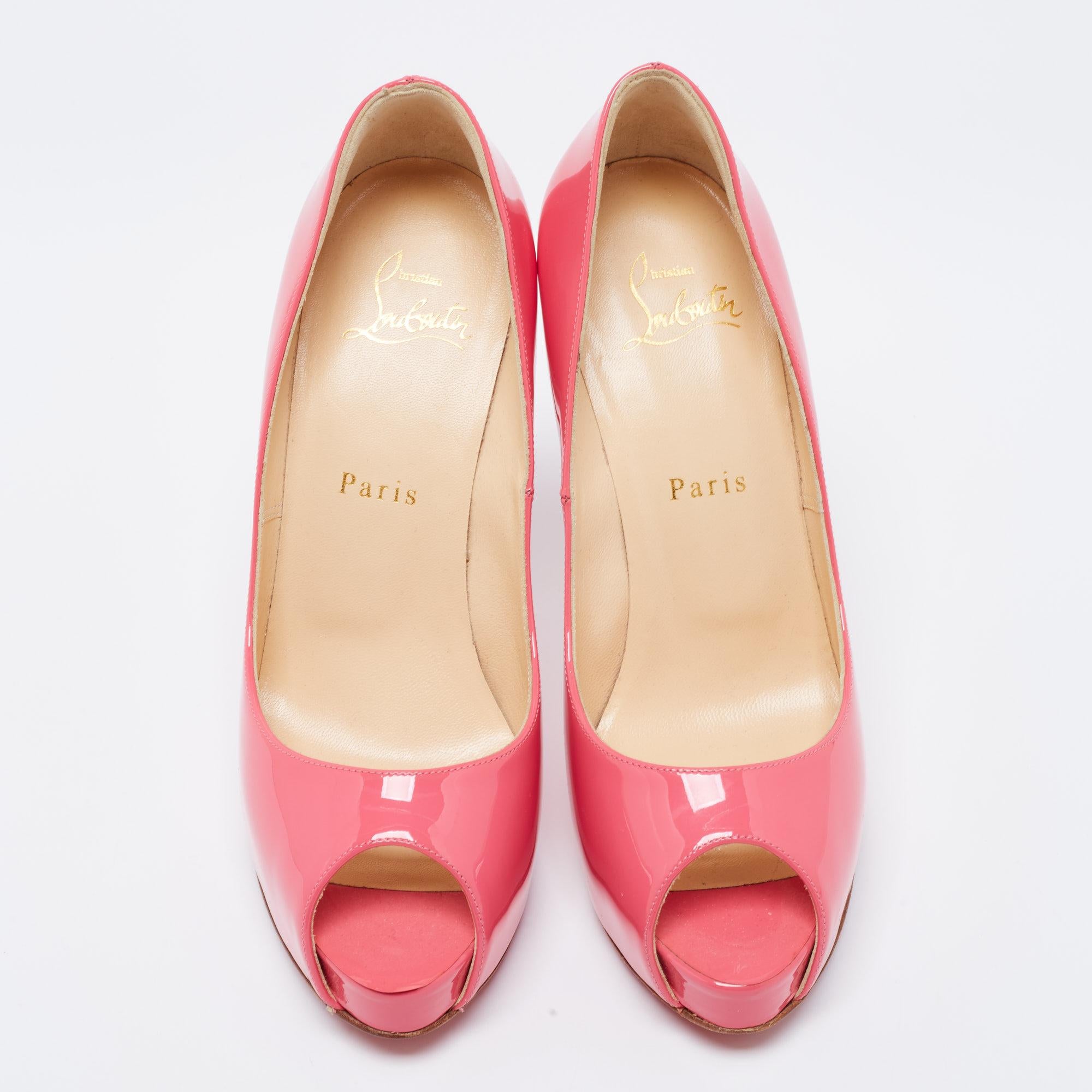 Christian Louboutin Pink Patent Leather New Very Prive Peep-Toe Pumps Size 37.5 In Good Condition For Sale In Dubai, Al Qouz 2