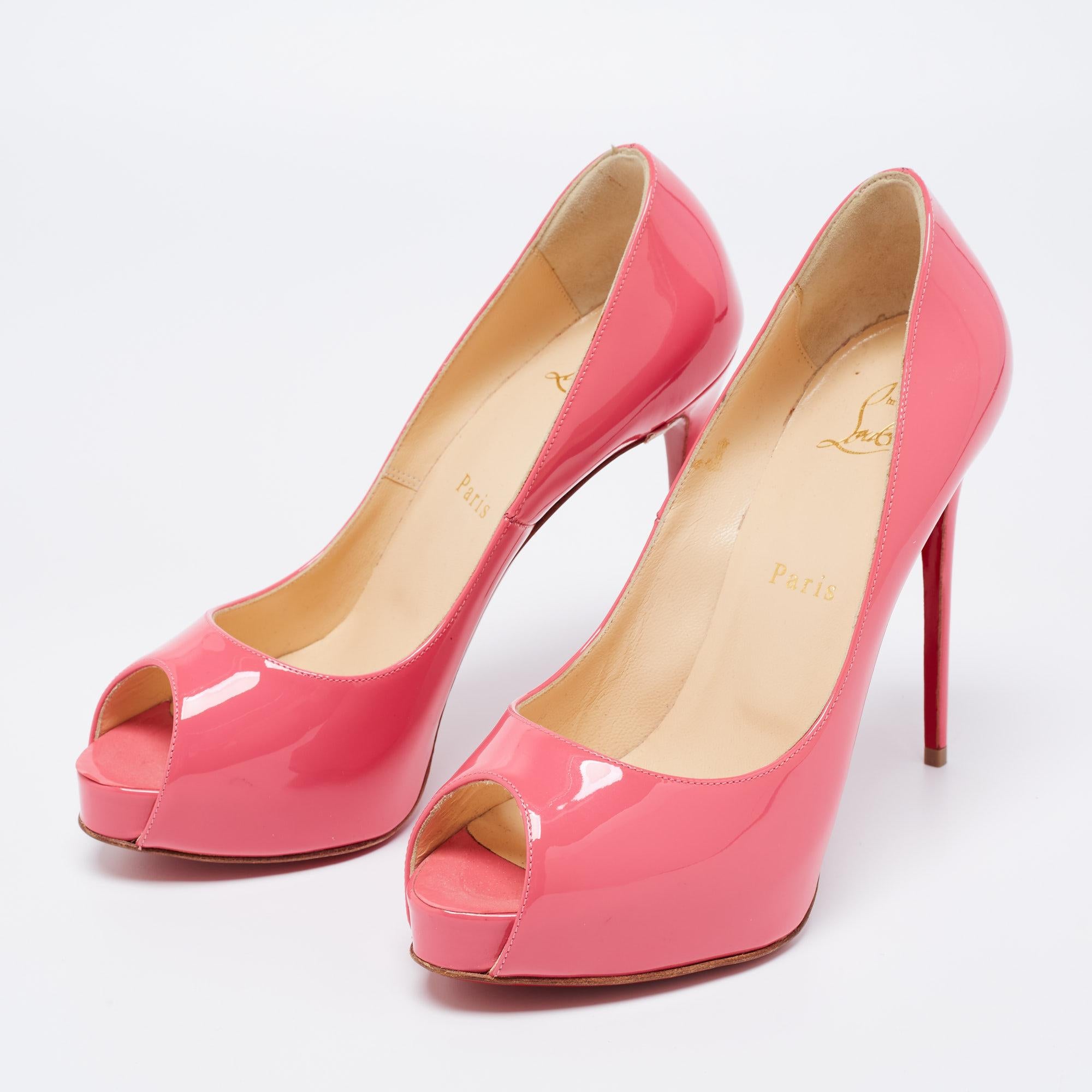Christian Louboutin Pink Patent Leather New Very Prive Peep-Toe Pumps Size 37.5 For Sale 4