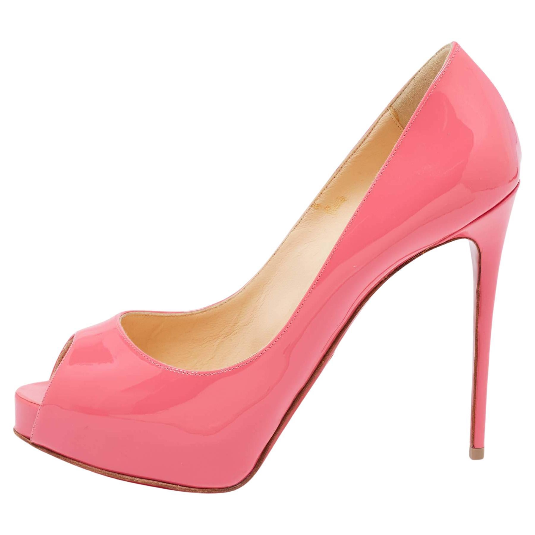 Christian Louboutin Pink Patent Leather New Very Prive Peep-Toe Pumps Size 37.5 For Sale