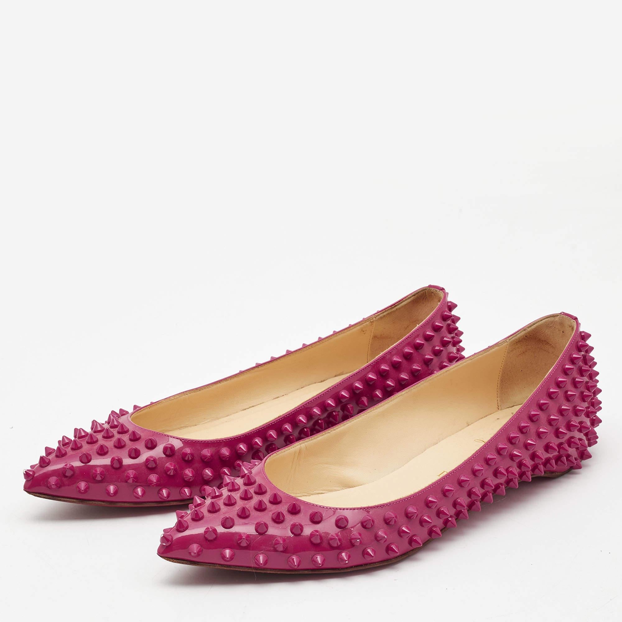 Women's Christian Louboutin Pink Patent Leather Pigalle Spikes Ballet Flats Size 39