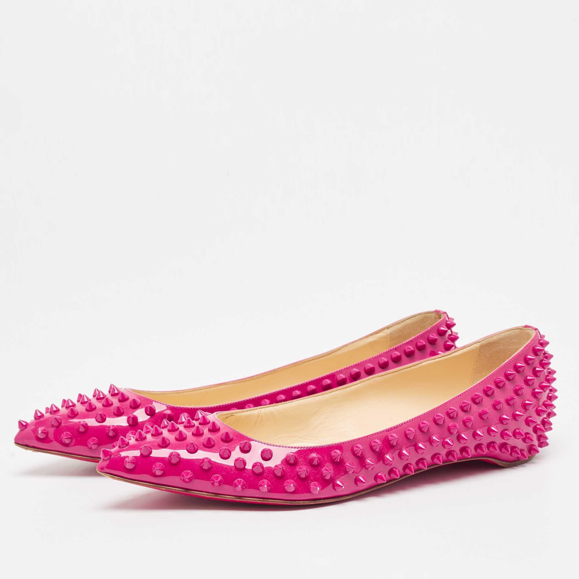 Women's Christian Louboutin Pink Patent Leather Pigalle Spikes Ballet Flats Size 40 For Sale