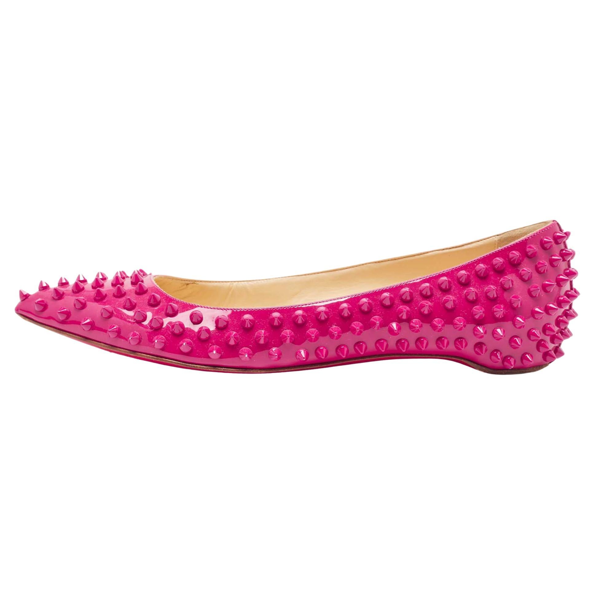 Christian Louboutin Pink Patent Leather Pigalle Spikes Ballet Flats Size 40 For Sale