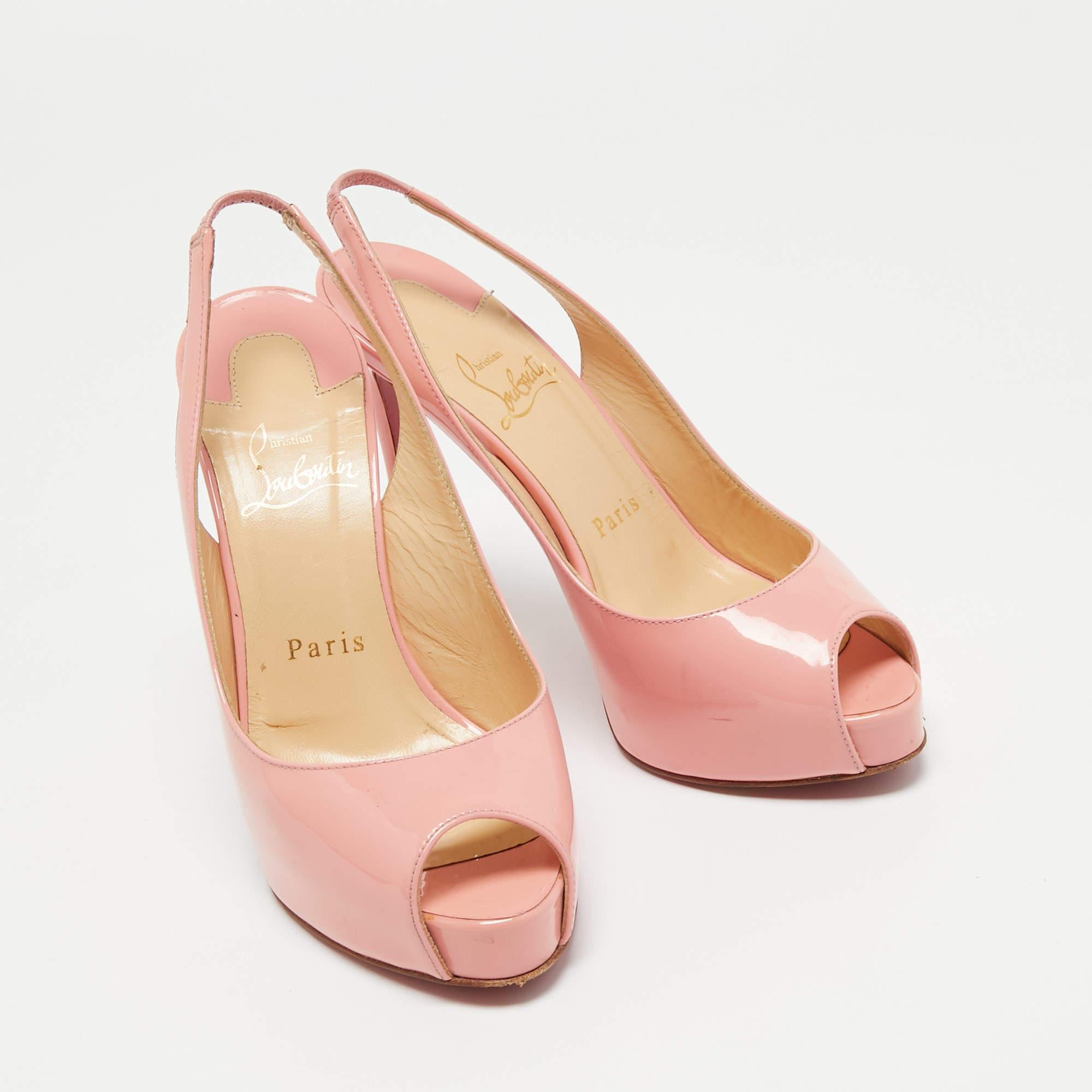 Beige Christian Louboutin Pink Patent Leather Private Number Slingback Pumps Size 36 For Sale