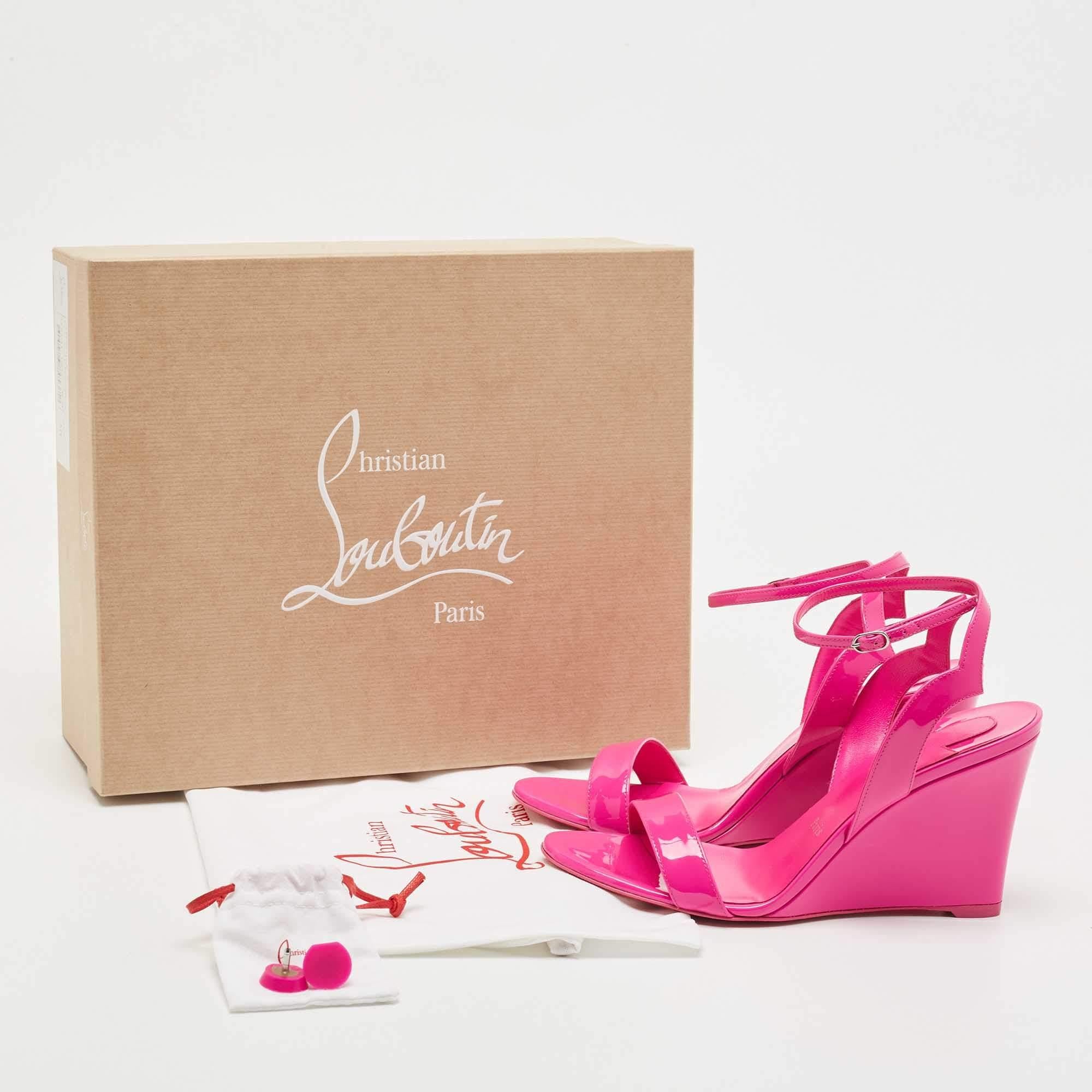 Christian Louboutin Pink Patent Leather Zeppa Chick 85 Wedge Ankle Strap Sandals 5