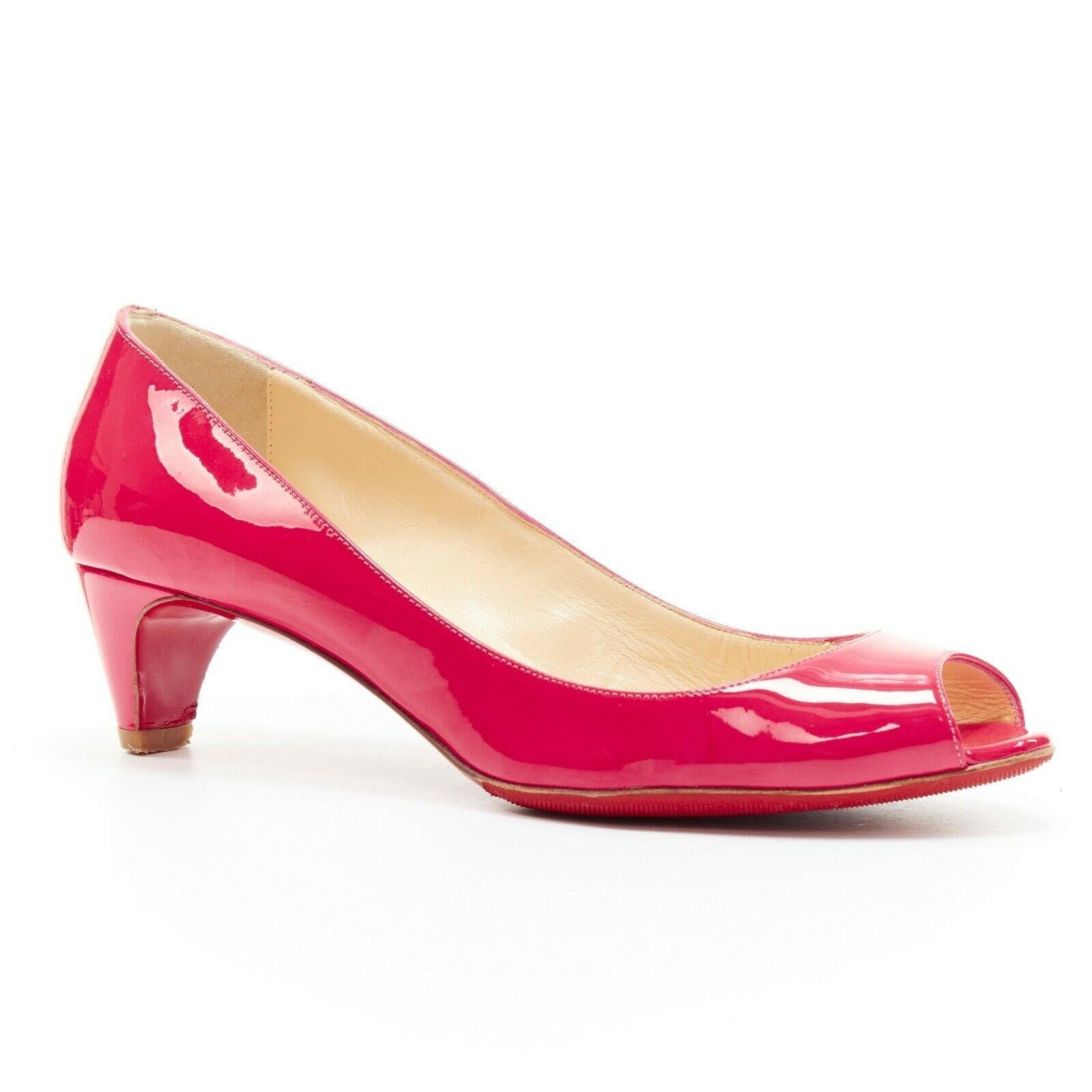 CHRISTIAN LOUBOUTIN pink patent peep toe chunky comma kitten heel EU36 
Reference: TGAS/A03156 
Brand: Christian Louboutin 
Designer: Christian Louboutin 
Material: Patent Leather 
Color: Pink 
Pattern: Solid 
Extra Detail: Pink patent leather