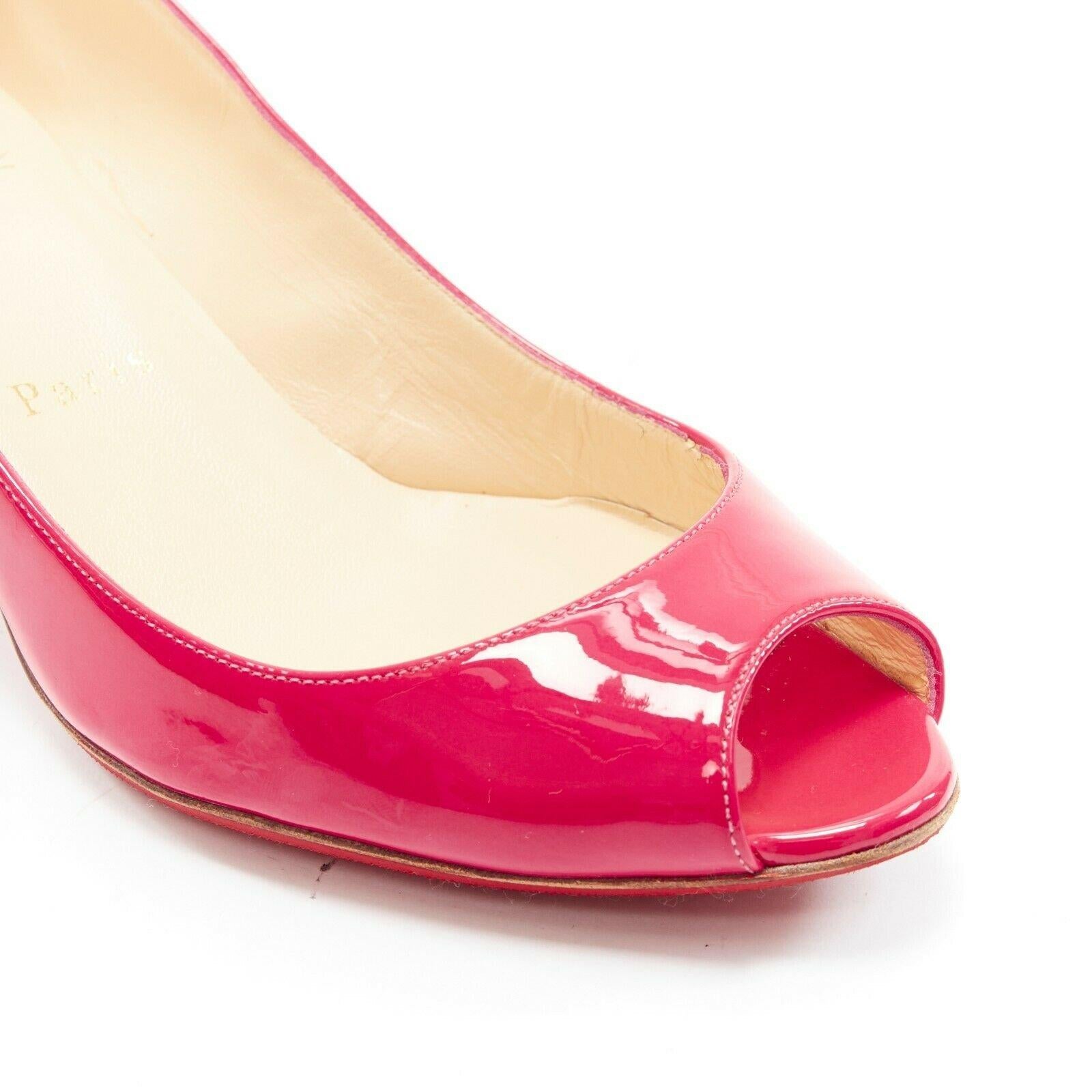 Women's CHRISTIAN LOUBOUTIN pink patent peep toe chunky comma kitten heel EU36
