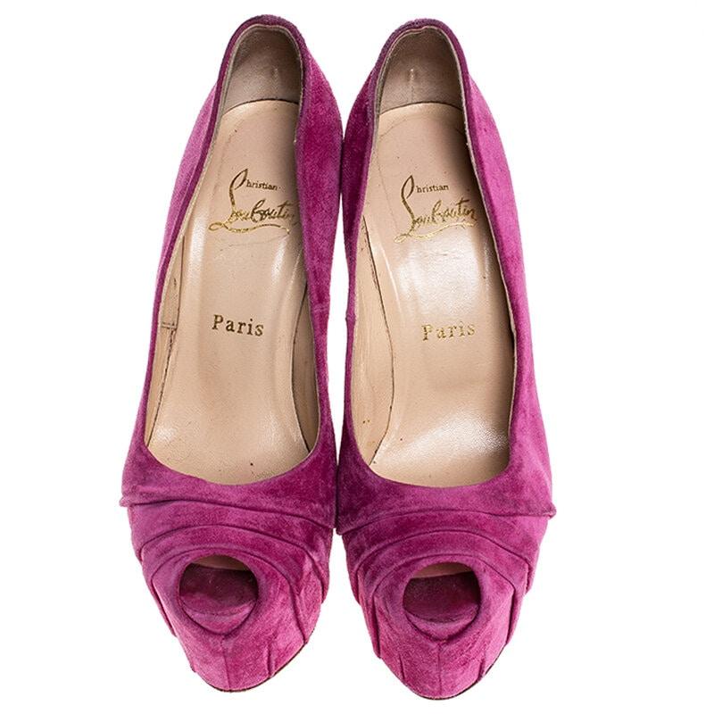 Christian Louboutin Pink Ruched Suede Drapesse Peep Toe Platform Pumps Size 37.5 In Good Condition In Dubai, Al Qouz 2